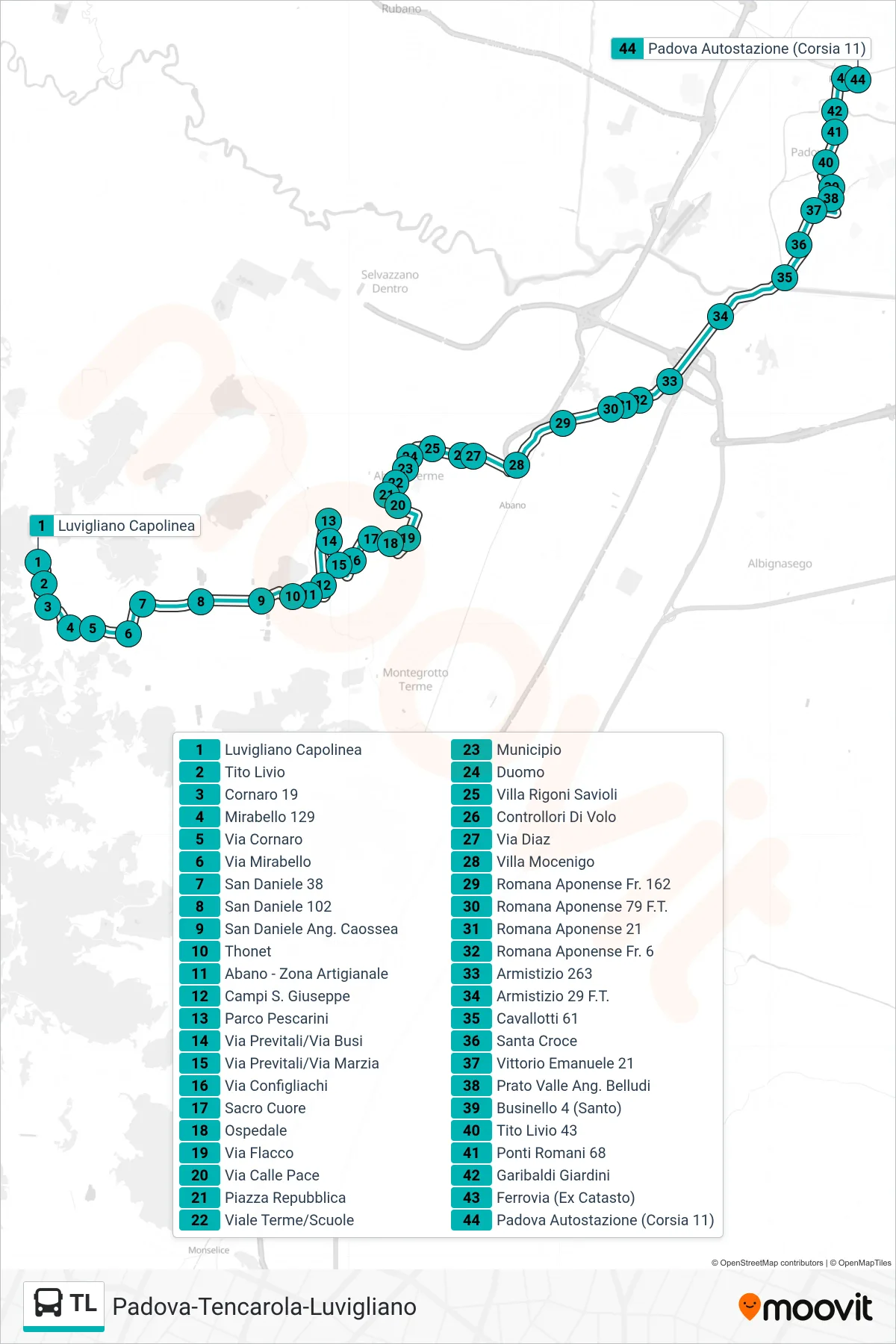 Linea TL tram (Luvigliano > Mandria San Daniele > Padova Autostazione) - Percorsi e fermate sulla mappa