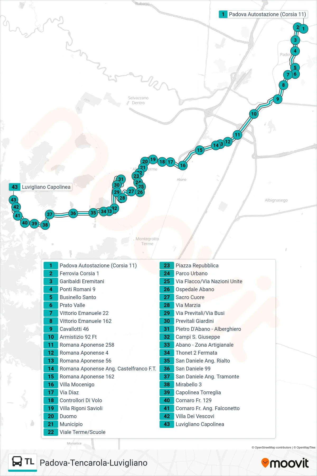 Linea TL tram (Padova Autostazione > Mandria San Daniele > Luvigliano) - Percorsi e fermate sulla mappa