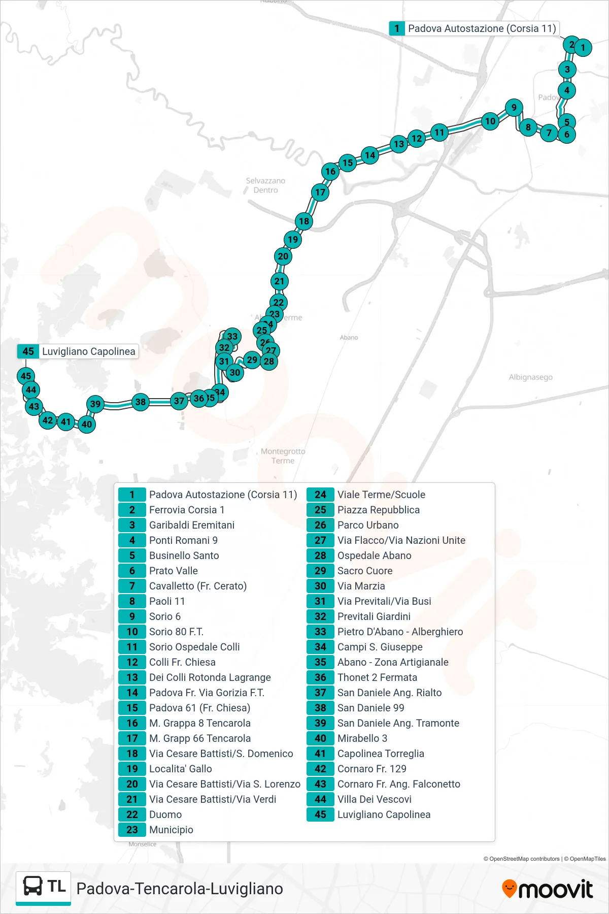 Linea TL  tram (Padova Autostazione > Tencarola > Luvigliano) - Percorsi e fermate sulla mappa