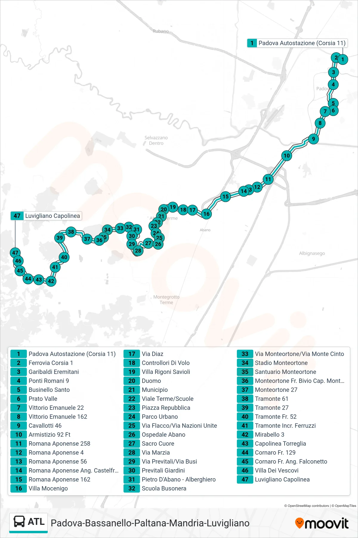 Linea ATL tram (Padova Autostazione > Capolinea Luvigliano) - Percorsi e fermate sulla mappa