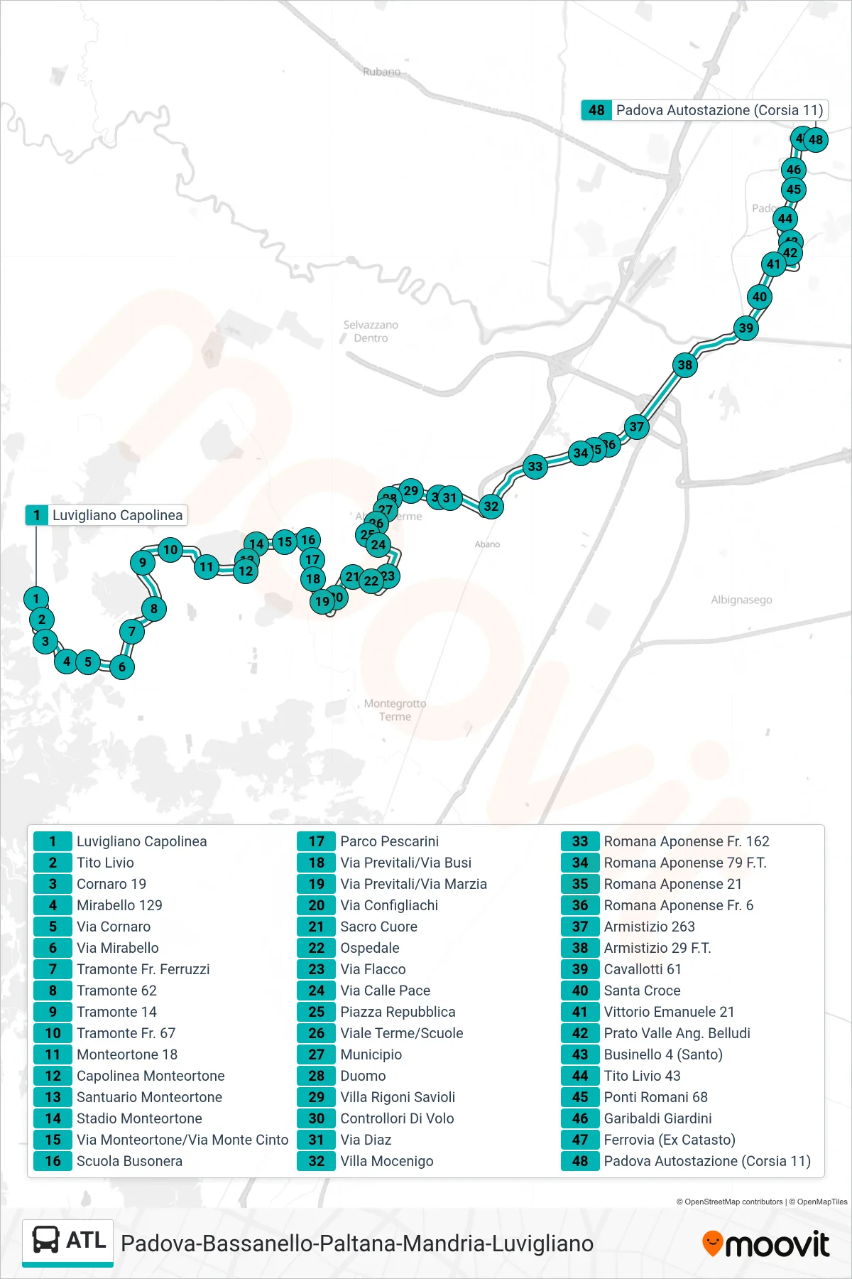 Linea ATL  tram (Capolinea Luvigliano > Padova Autostazione) - Percorsi e fermate sulla mappa