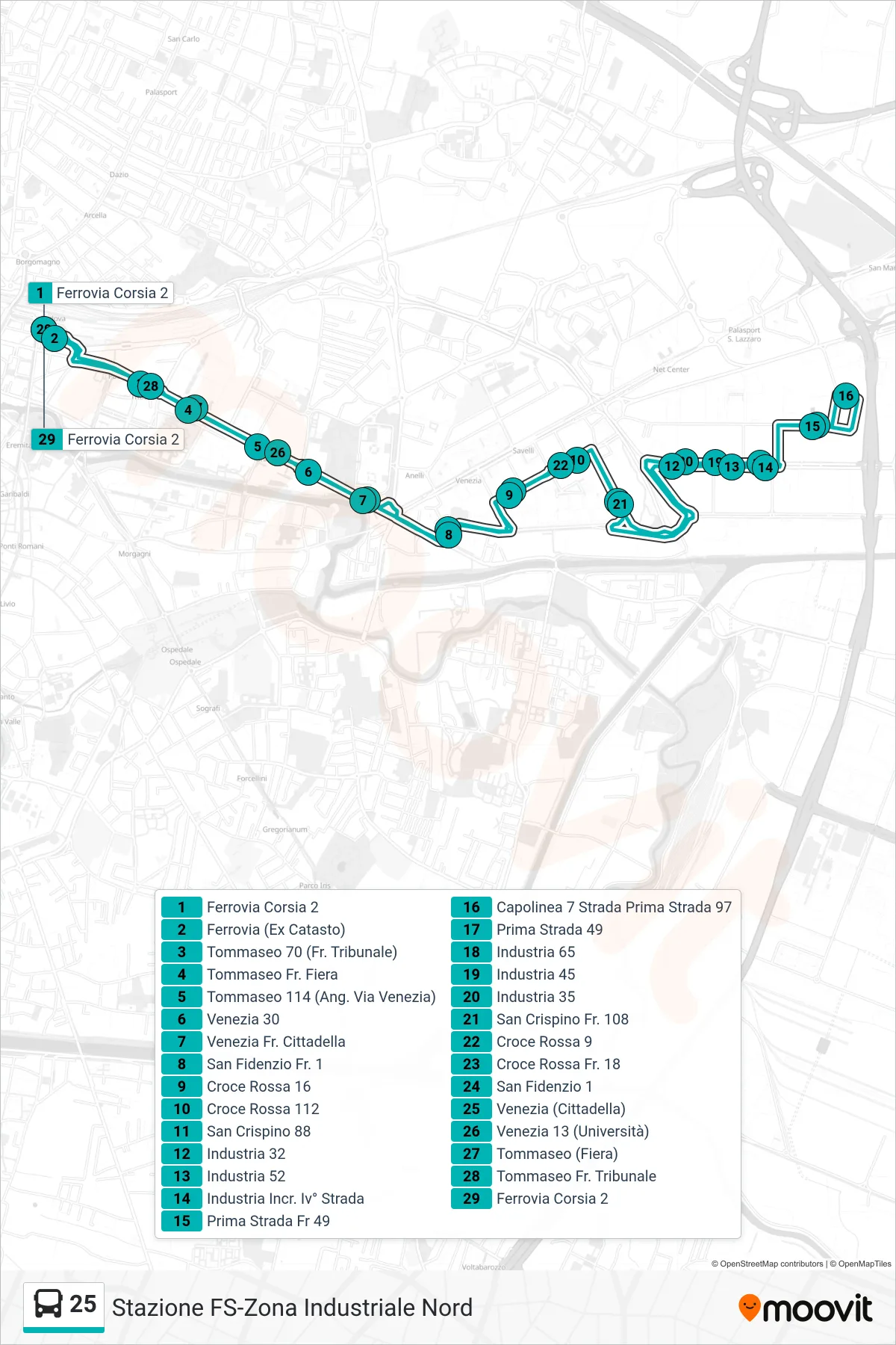 Linea 25 tram (Ferrovia > Zona Industriale Nord > Ferrovia) - Percorsi e fermate sulla mappa