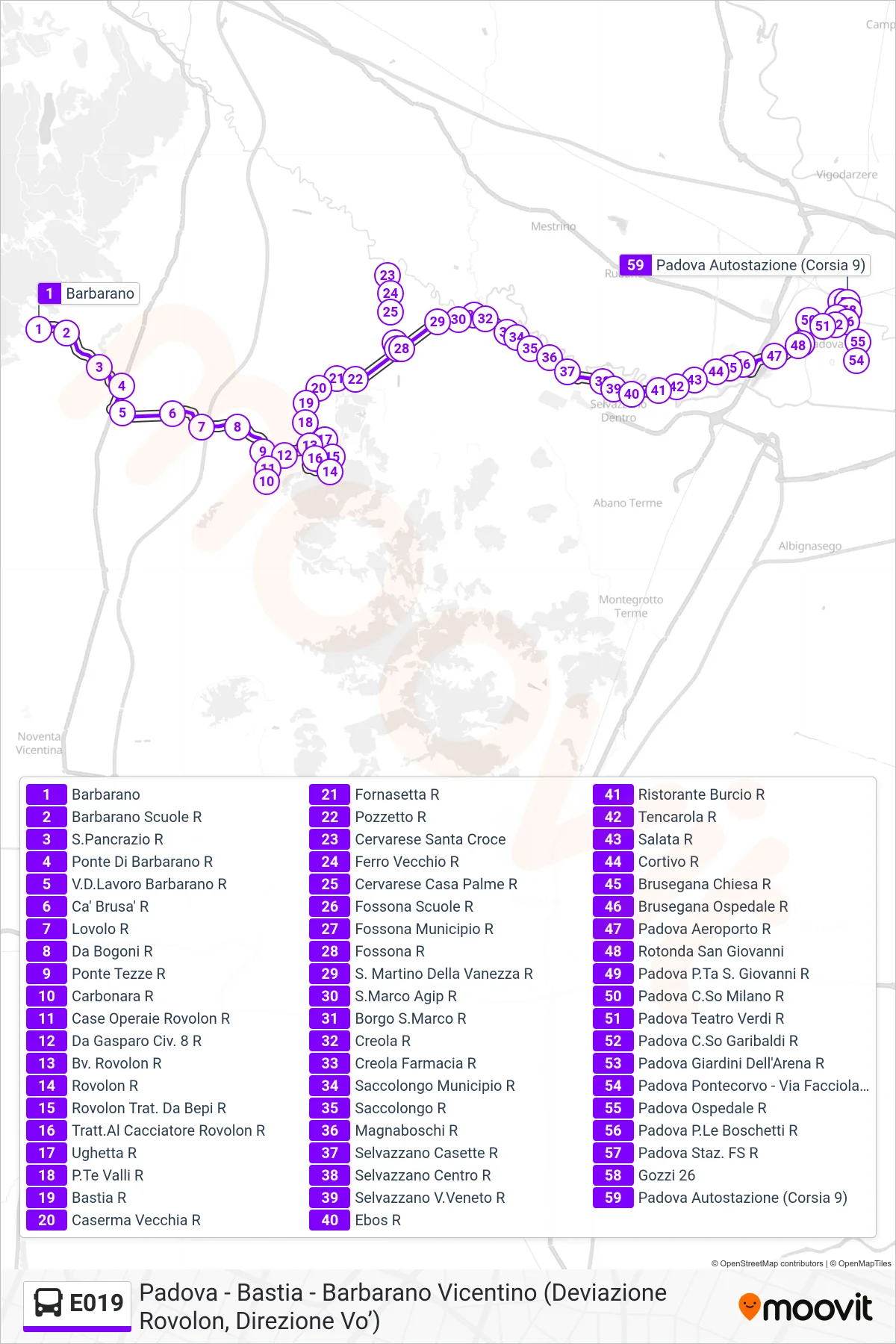 Linea E019 bus (Padova Autostazione) - Percorsi e fermate sulla mappa