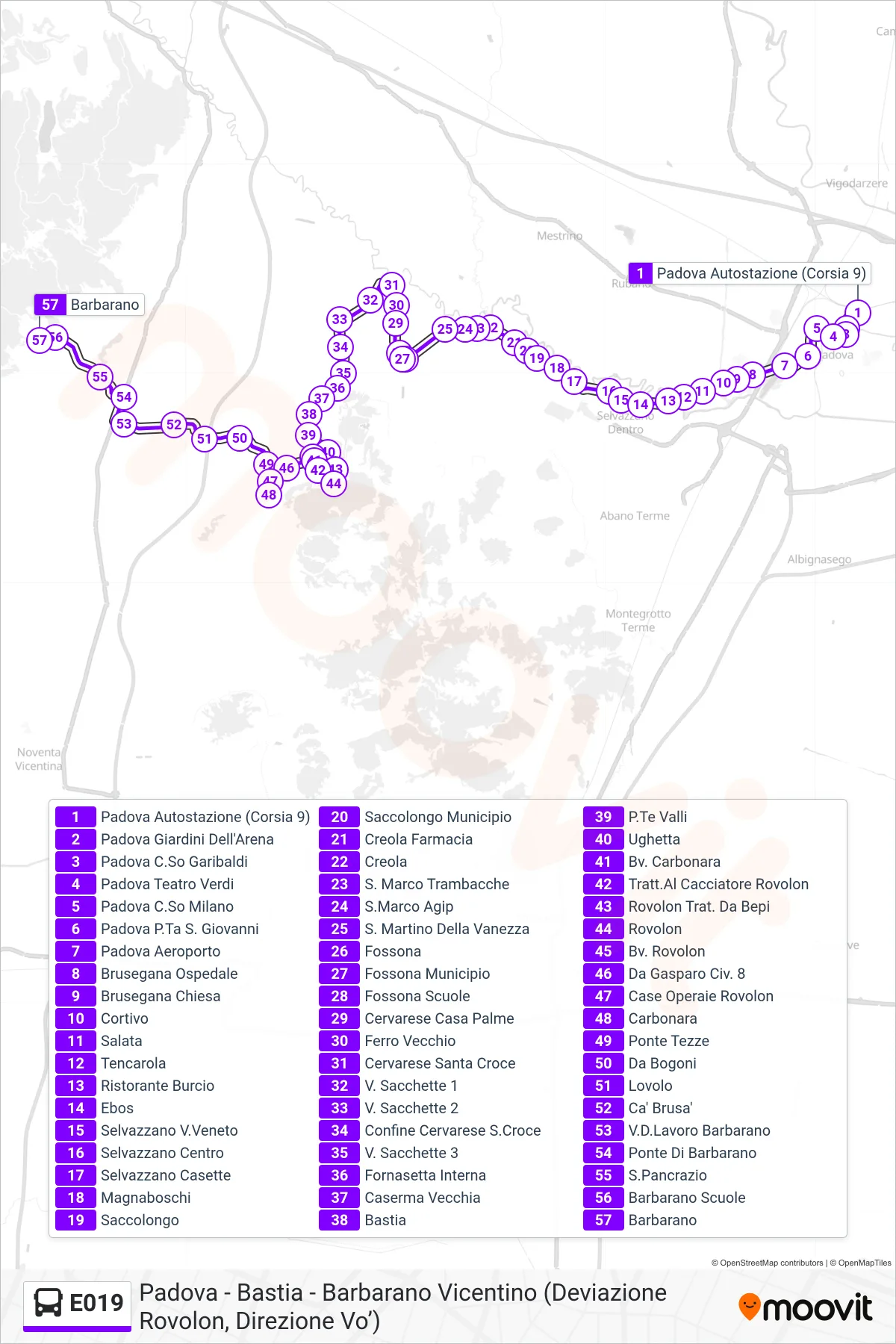 Linea E019 bus (Barbarano) - Percorsi e fermate sulla mappa
