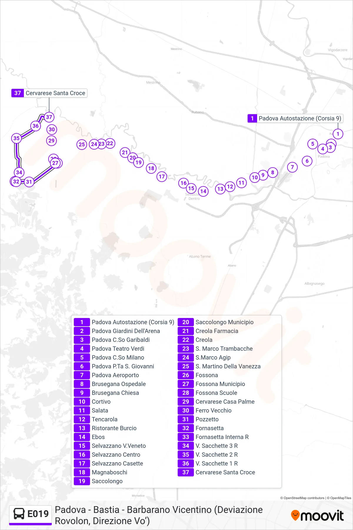 Linea E019  bus (Cervarese S. Croce) - Percorsi e fermate sulla mappa