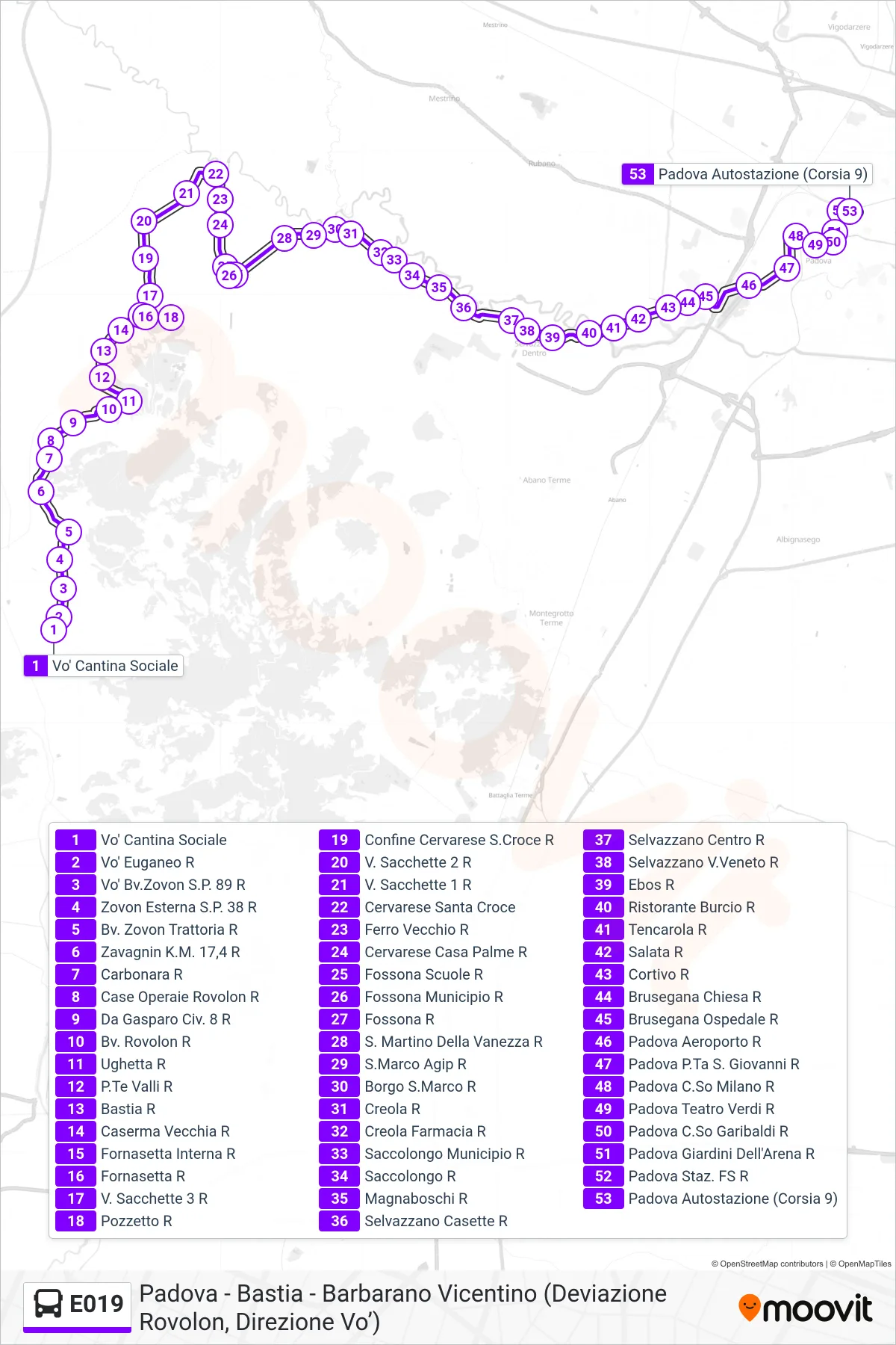 Linea E019 bus (Padova Autostazione) - Percorsi e fermate sulla mappa