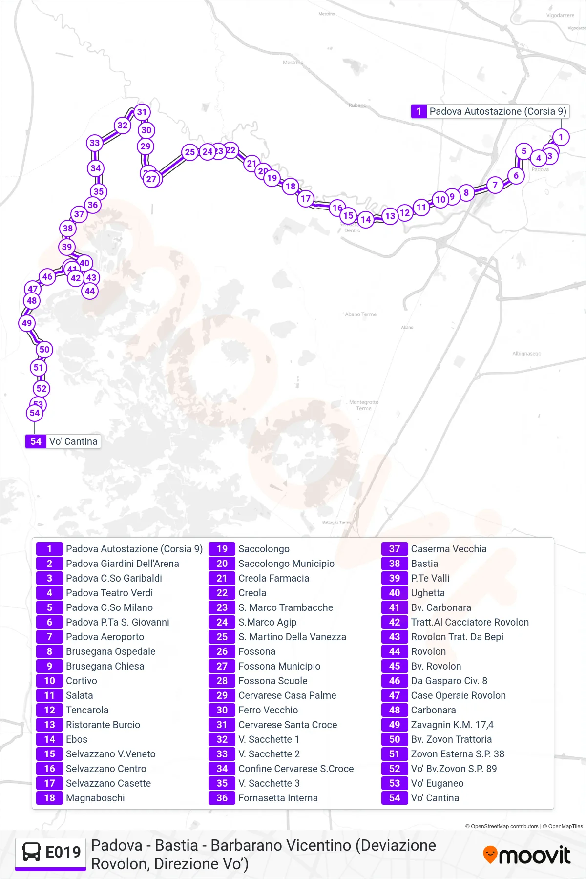 Linea E019 bus (Vo' Euganeo) - Percorsi e fermate sulla mappa