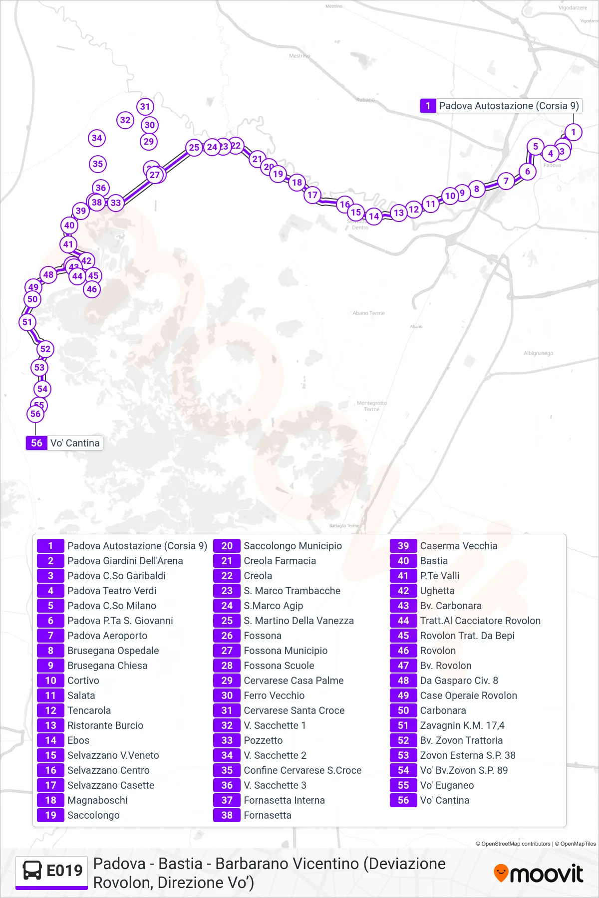 Linea E019 bus (Vo' Euganeo) - Percorsi e fermate sulla mappa