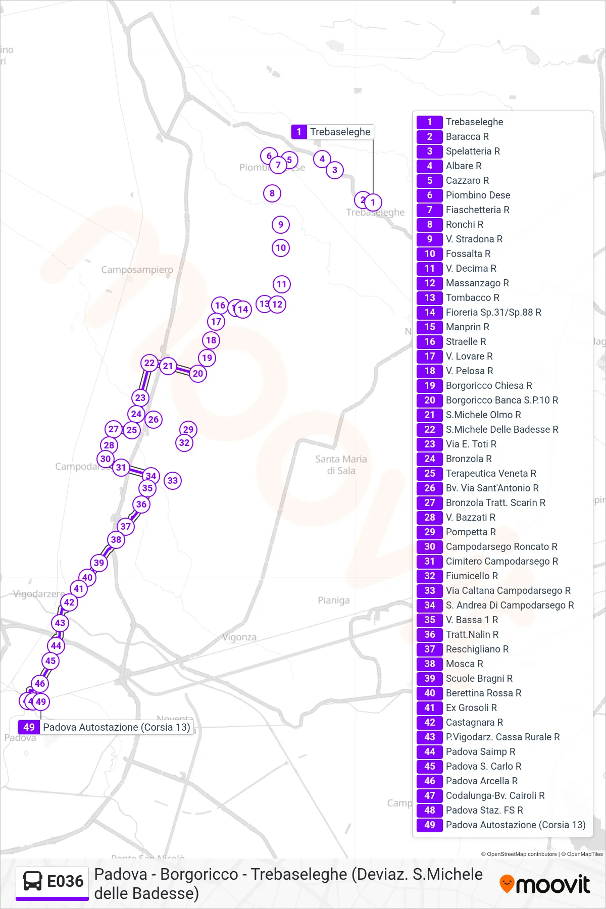 Linea E036 bus (Padova Autostazione) - Percorsi e fermate sulla mappa