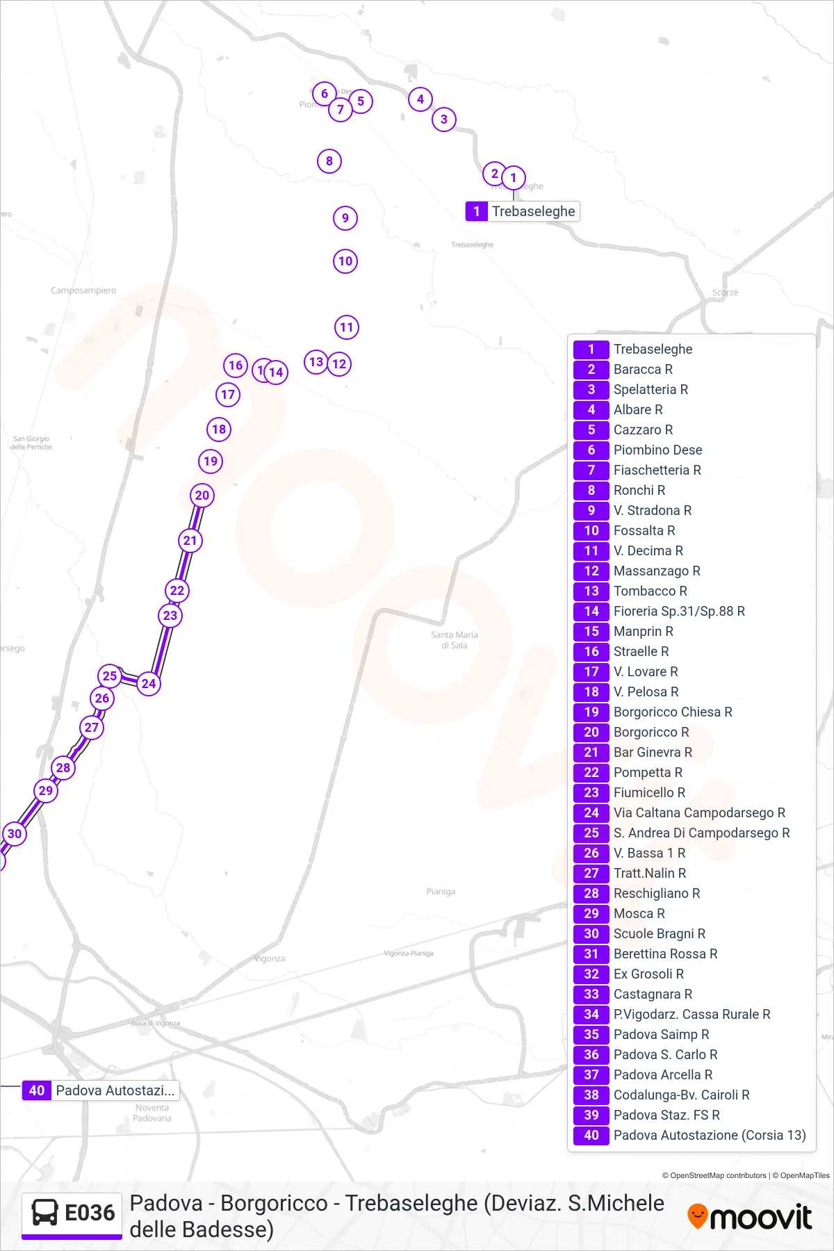 Linea E036 bus (Padova Autostazione) - Percorsi e fermate sulla mappa