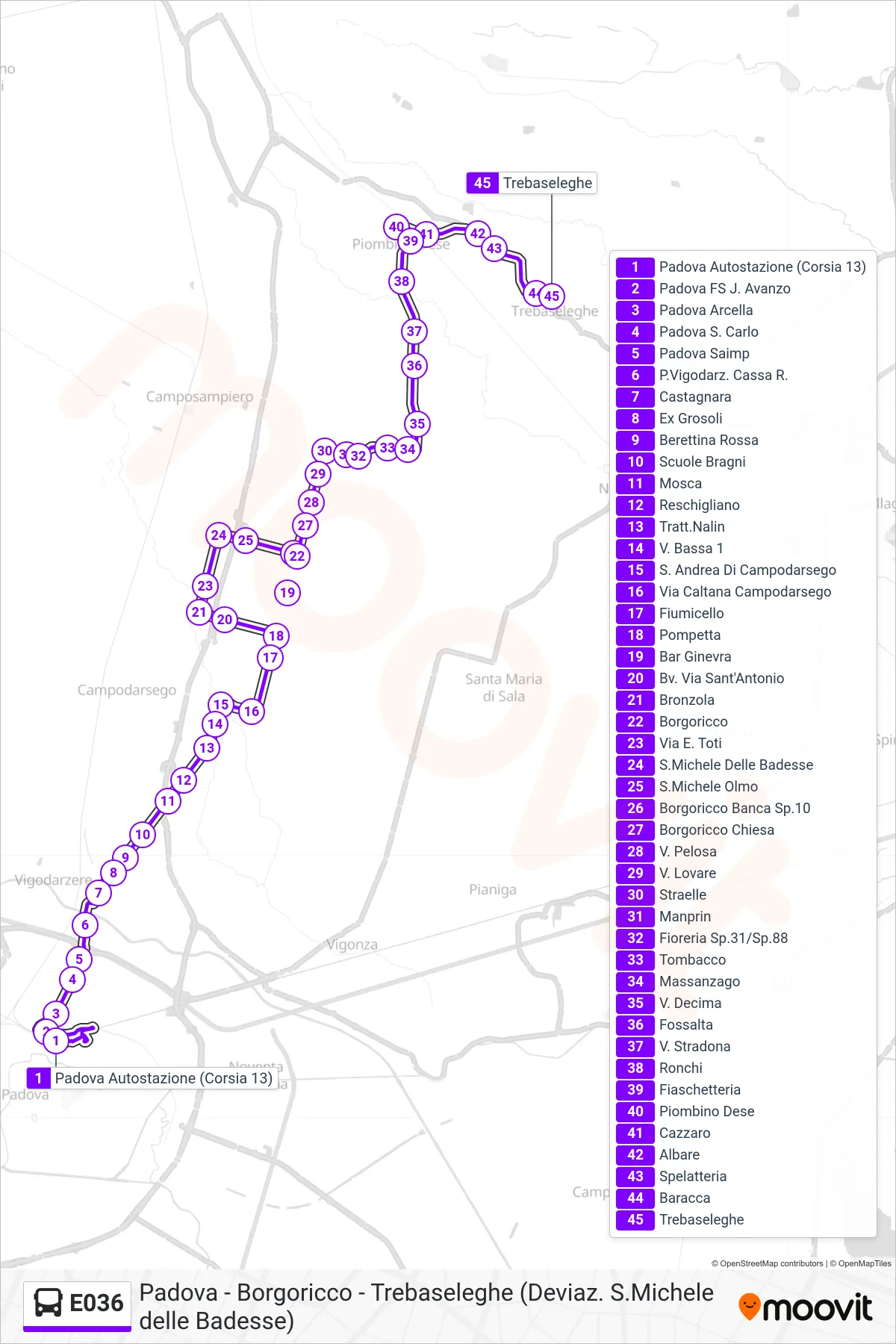 Linea E036  bus (Trebaseleghe) - Percorsi e fermate sulla mappa