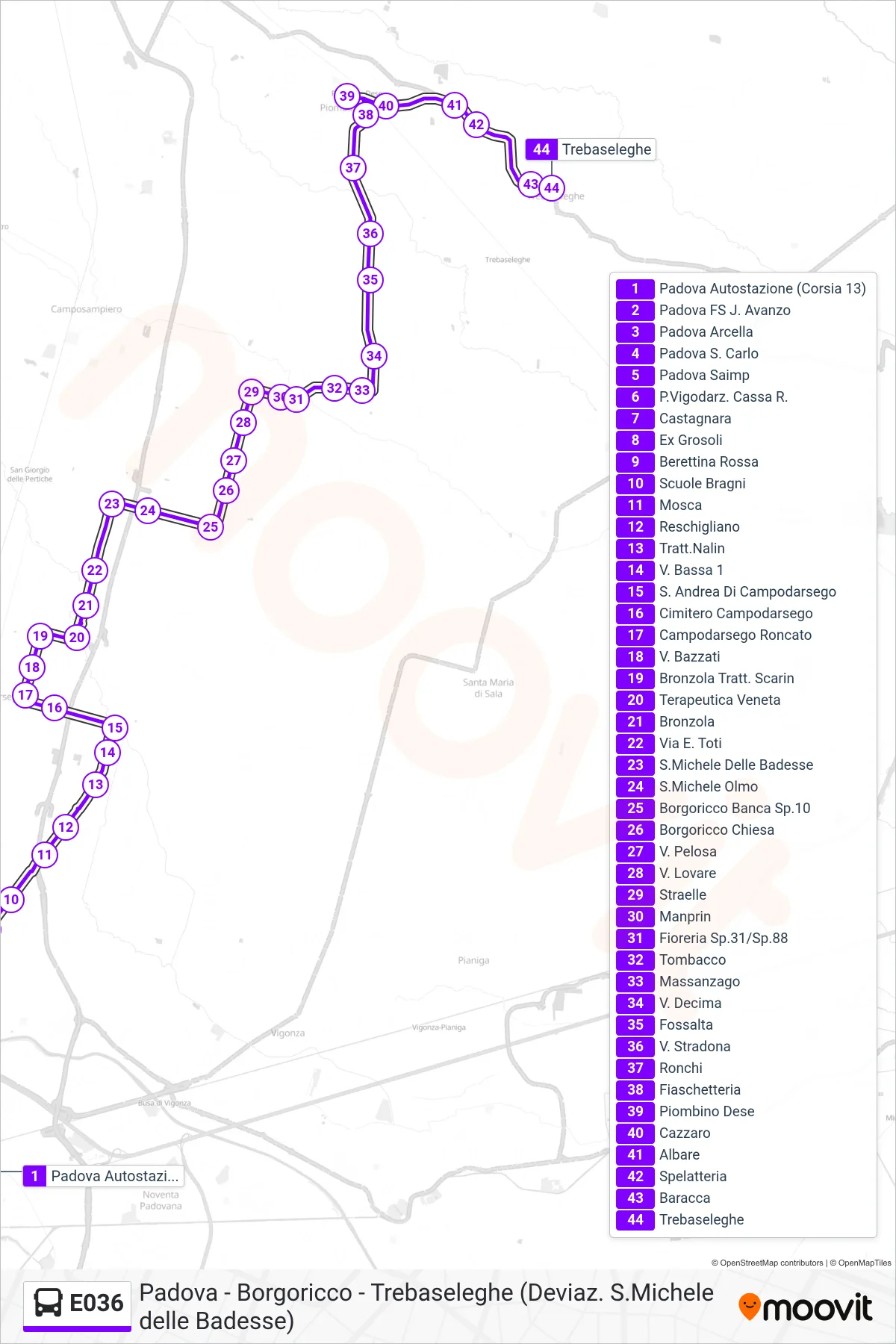 Linea E036 bus (Trebaseleghe) - Percorsi e fermate sulla mappa