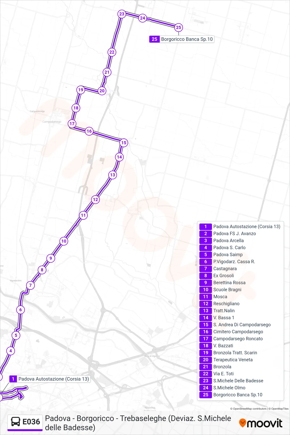 Linea E036  bus (Borgoricco (Banca SP 10)) - Percorsi e fermate sulla mappa