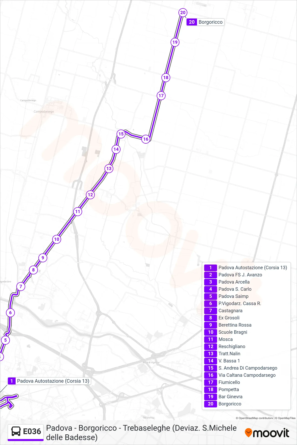 Linea E036 bus (Borgoricco) - Percorsi e fermate sulla mappa