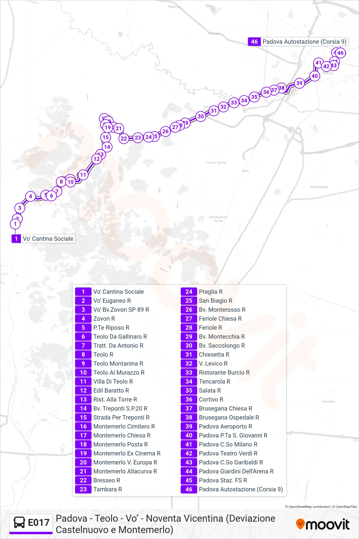 Linea E017  bus (Padova Autostazione) - Percorsi e fermate sulla mappa