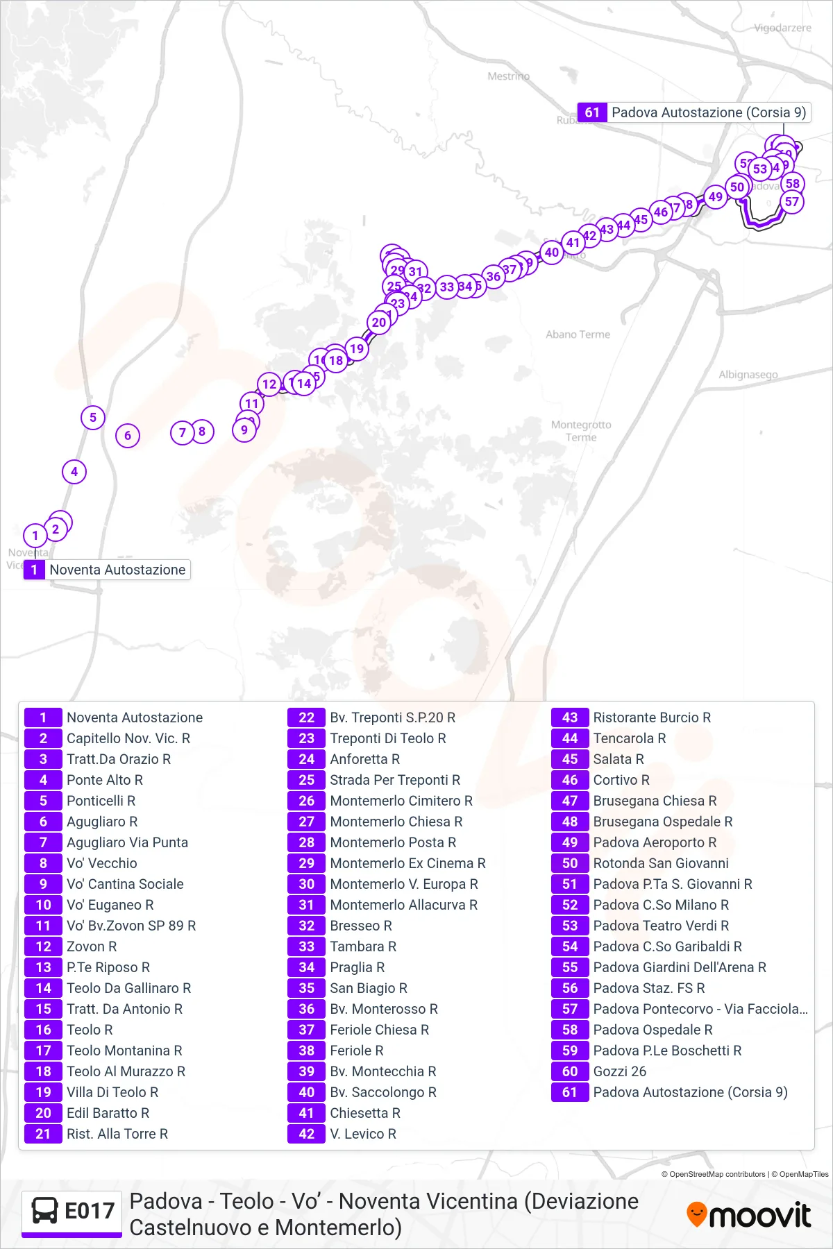 E017 bus Line (Padua Bus Station) route and stops on a map