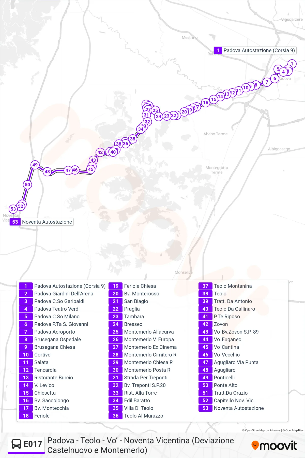 Linea E017  bus (Noventa Autostazione) - Percorsi e fermate sulla mappa