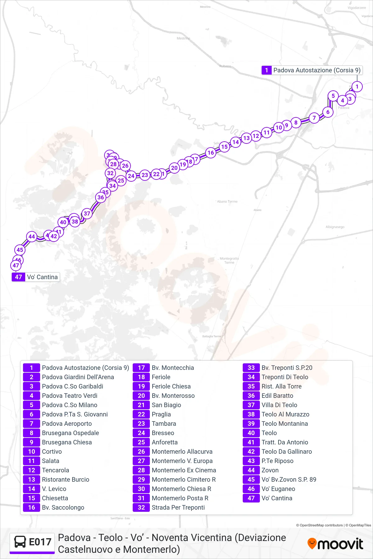 Linea E017 bus (Vo' Euganeo) - Percorsi e fermate sulla mappa