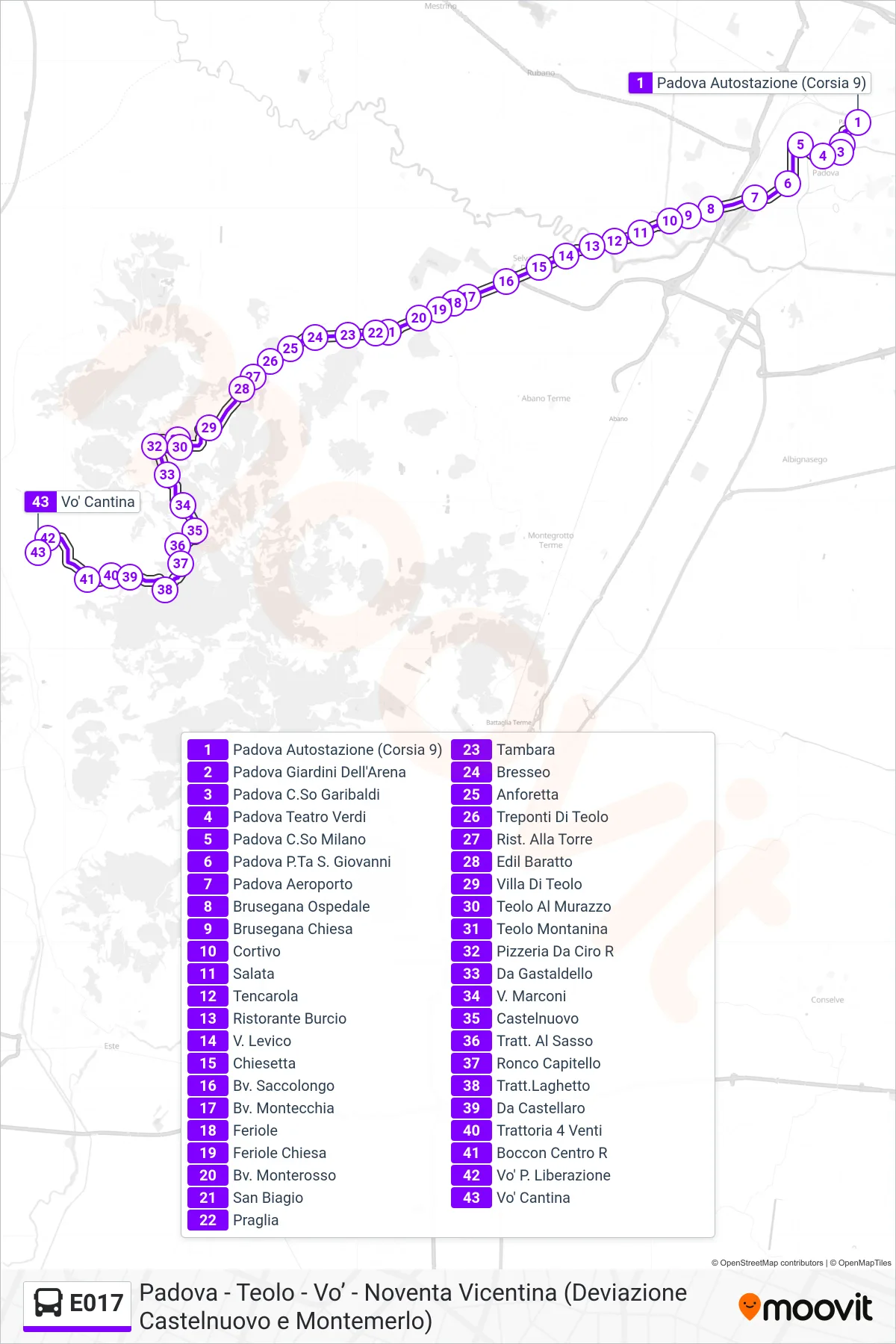 E017 bus Line (Vo' Euganeo) route and stops on a map