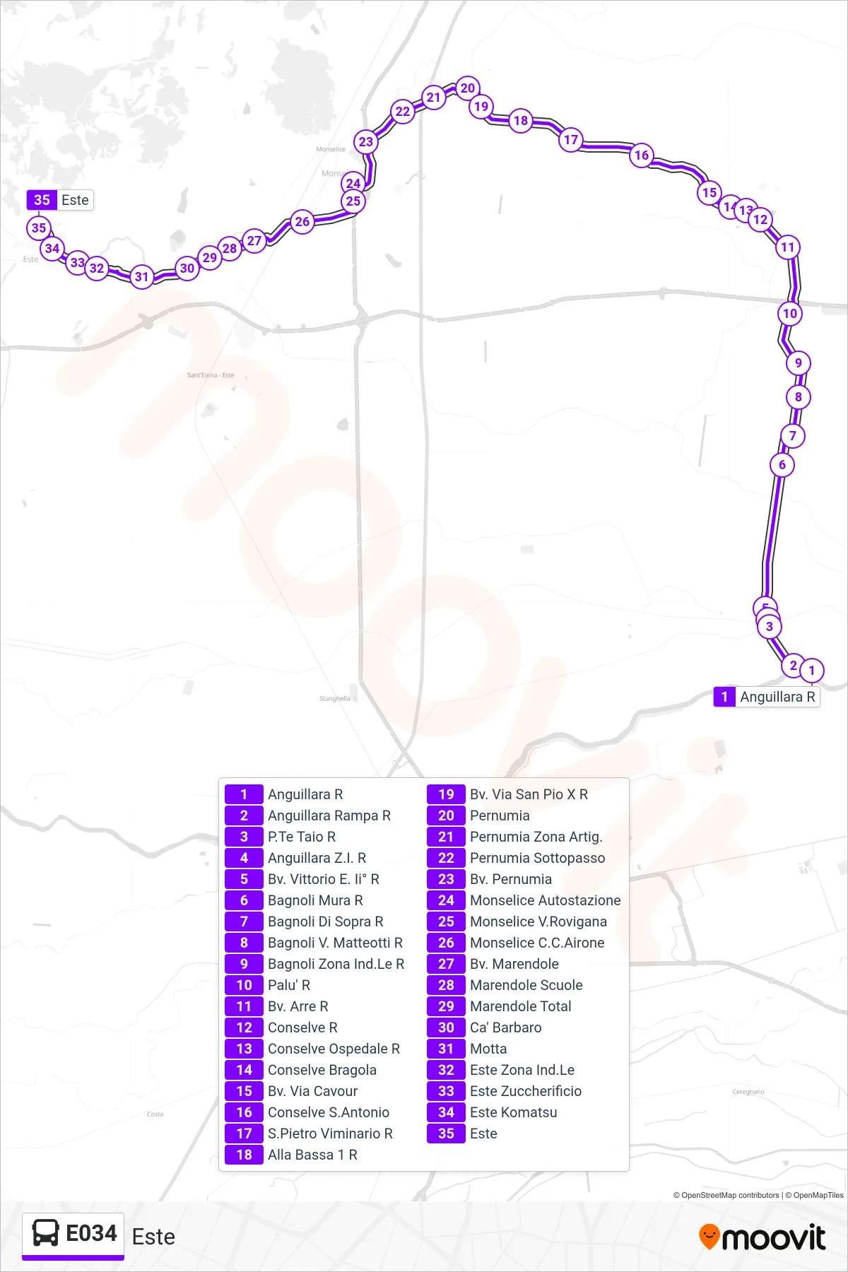 Linea E034 bus (Este) - Percorsi e fermate sulla mappa