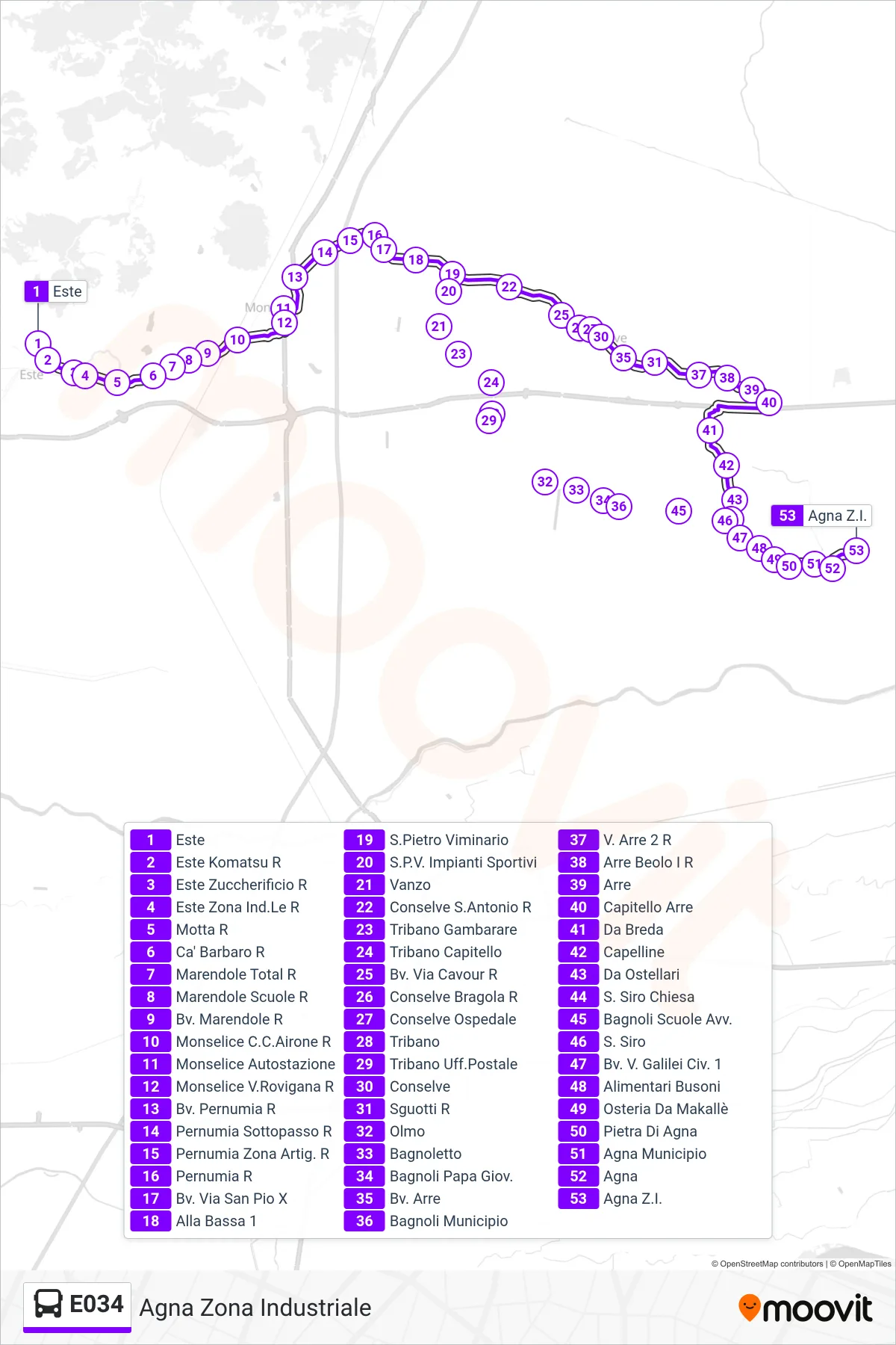 Linea E034  bus (Agna Zona Industriale) - Percorsi e fermate sulla mappa