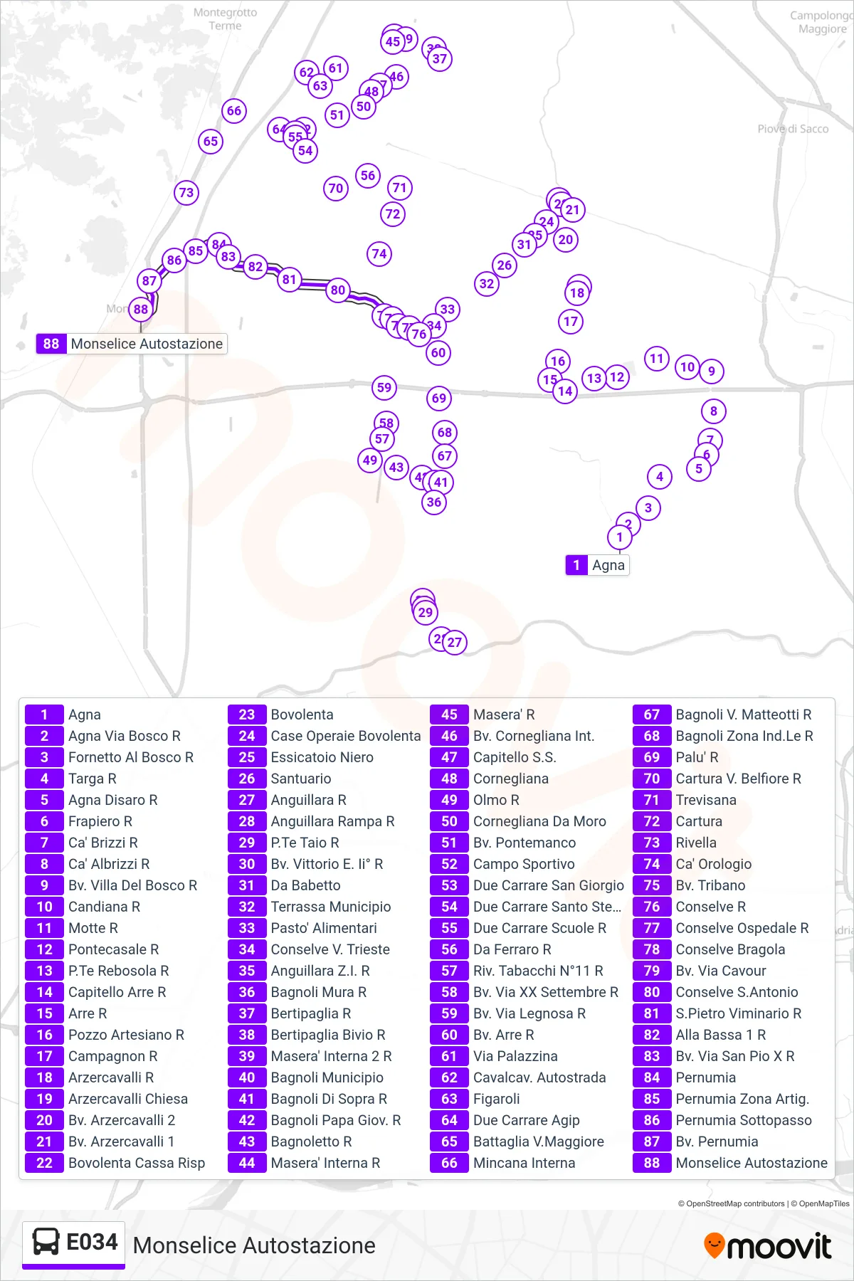 Linea E034 bus (Monselice Autostazione) - Percorsi e fermate sulla mappa