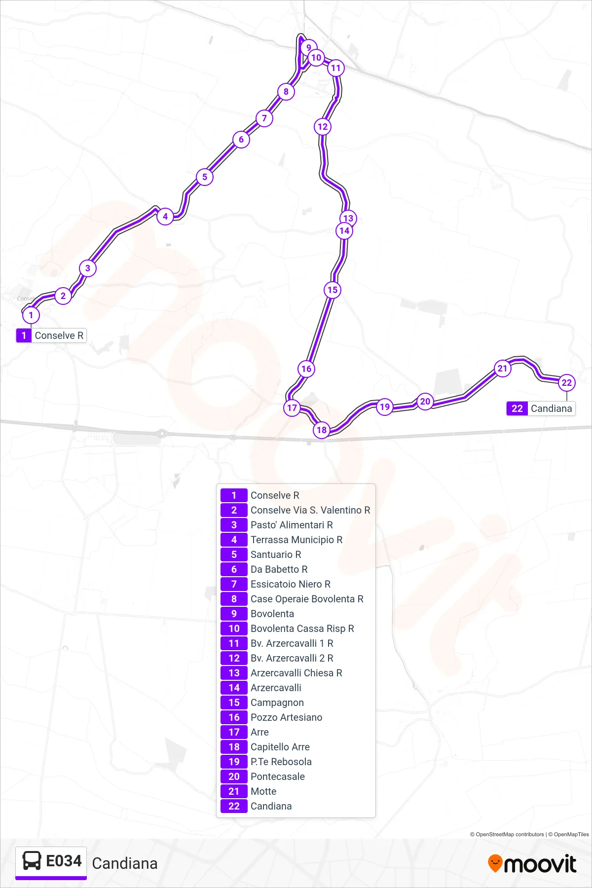 Linea E034 bus (Candiana) - Percorsi e fermate sulla mappa