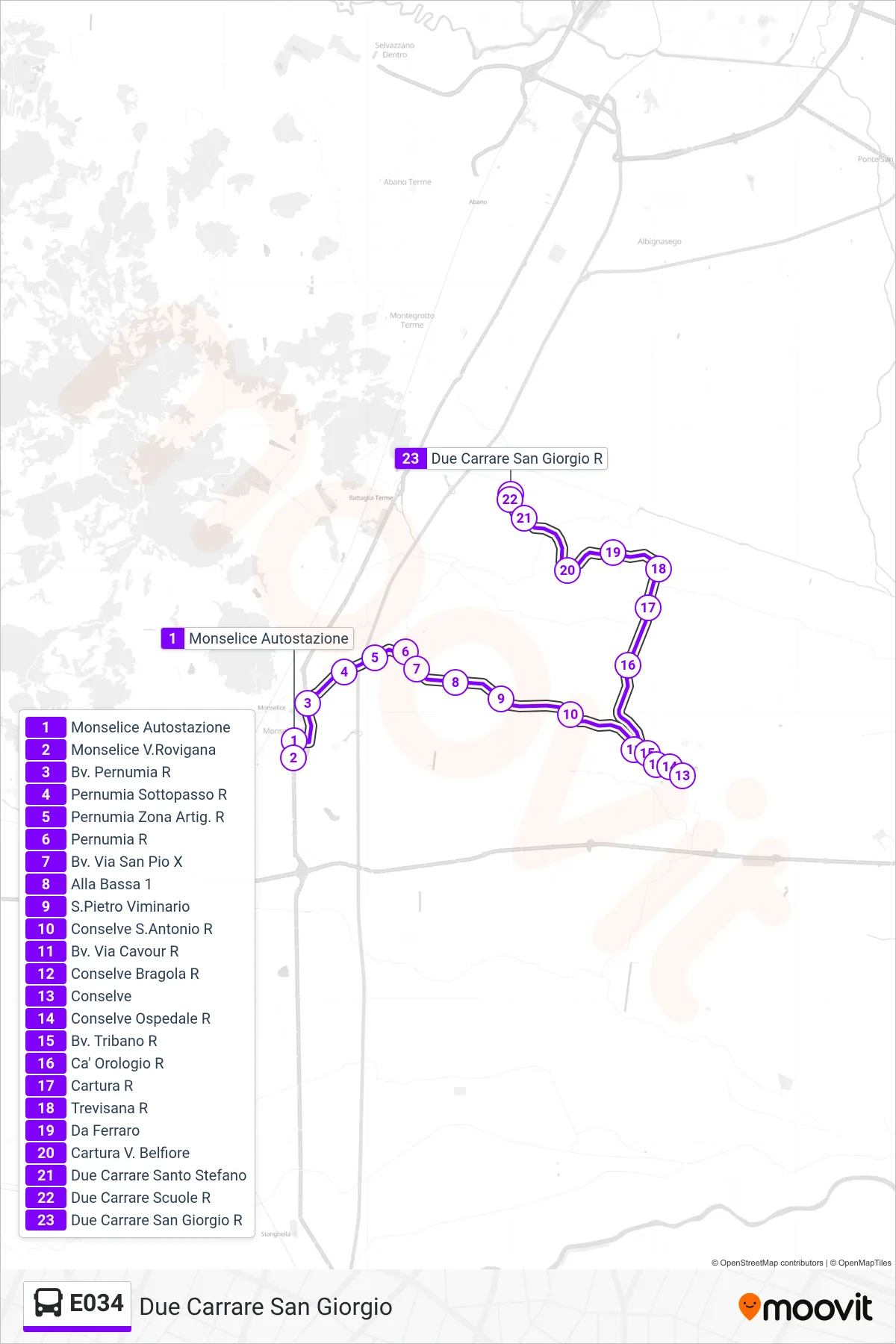 Linea E034 bus (Due Carrare San Giorgio) - Percorsi e fermate sulla mappa
