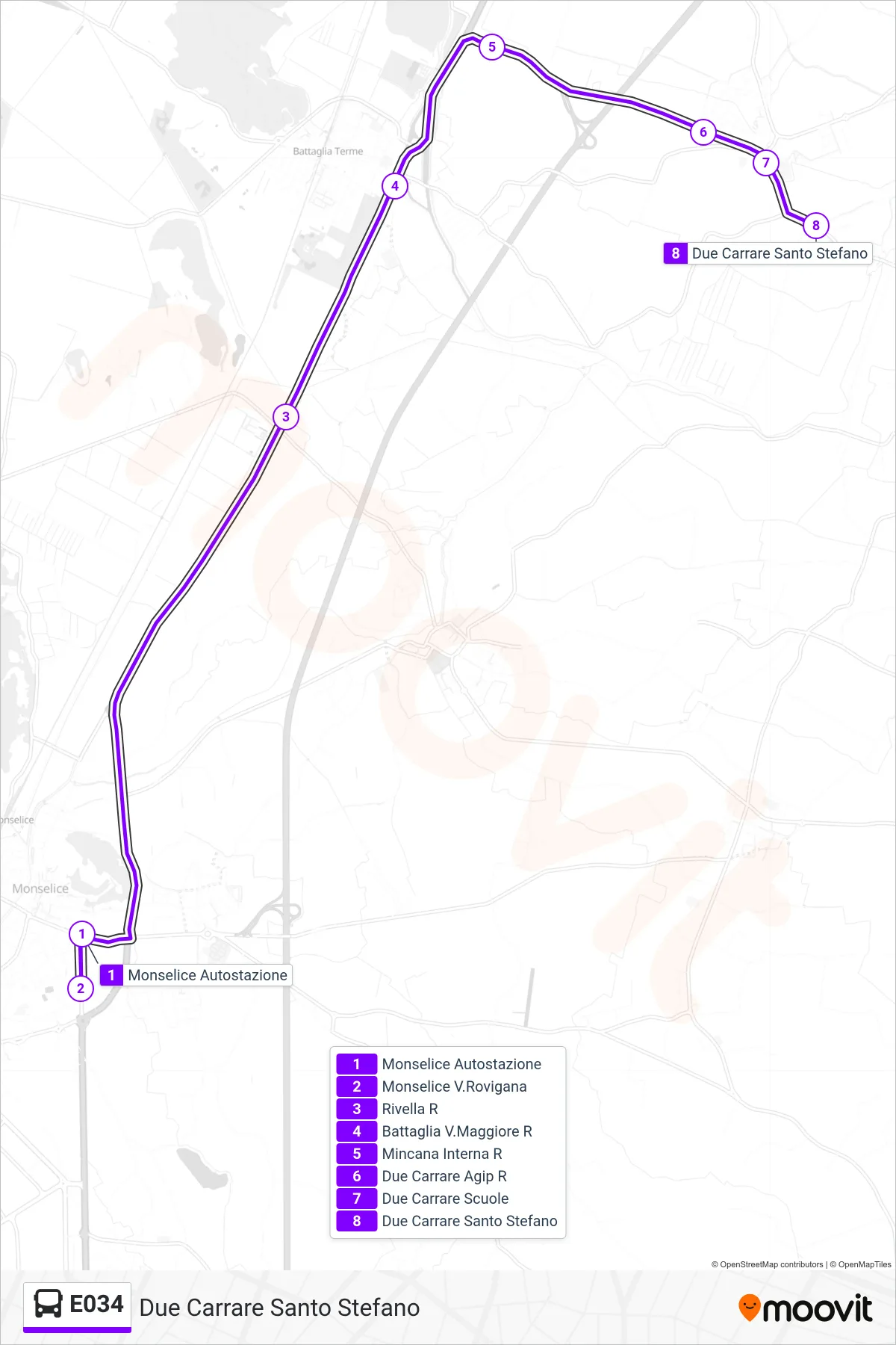 Linea E034 bus (Due Carrare Santo Stefano) - Percorsi e fermate sulla mappa