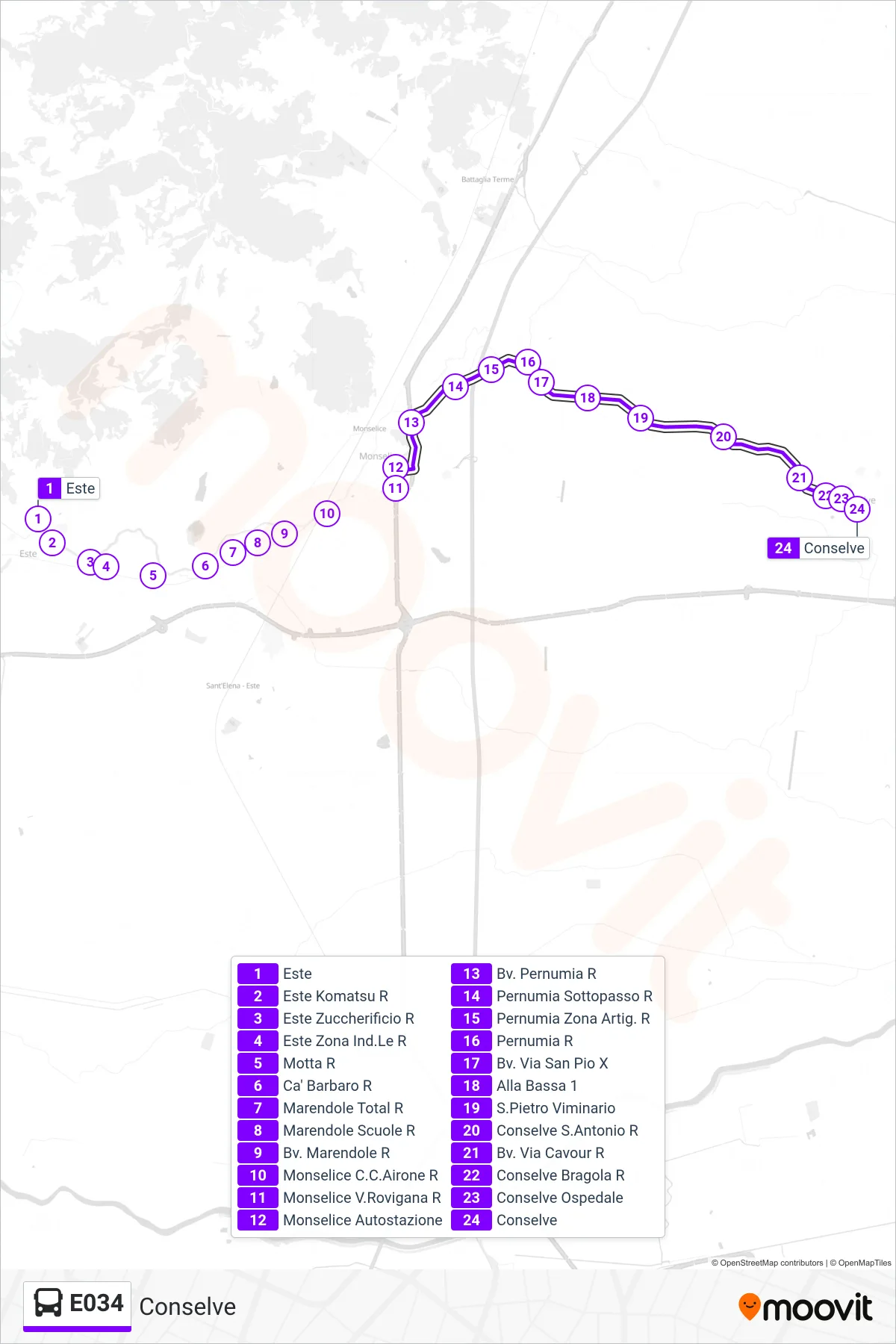 Linea E034 bus (Conselve) - Percorsi e fermate sulla mappa