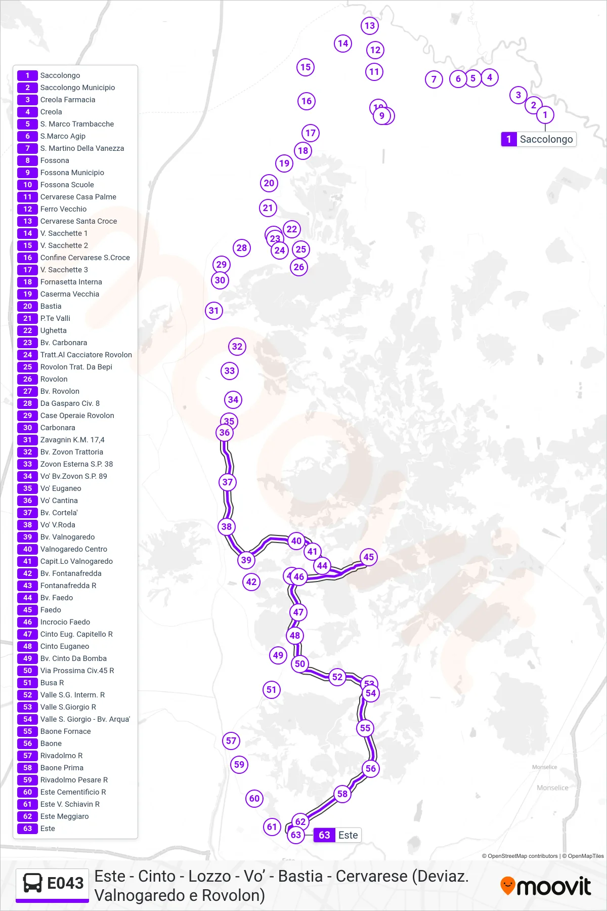 Linea E043 bus (Este) - Percorsi e fermate sulla mappa