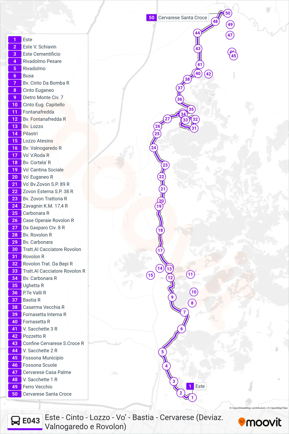 Linea E043 bus (Cervarese S. Croce) - Percorsi e fermate sulla mappa
