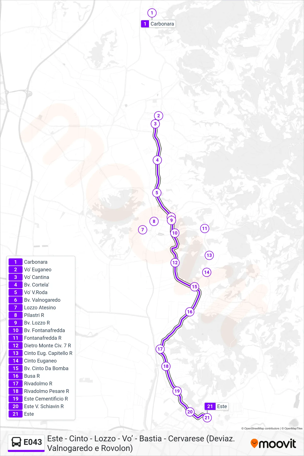 Linea E043 bus (Este) - Percorsi e fermate sulla mappa