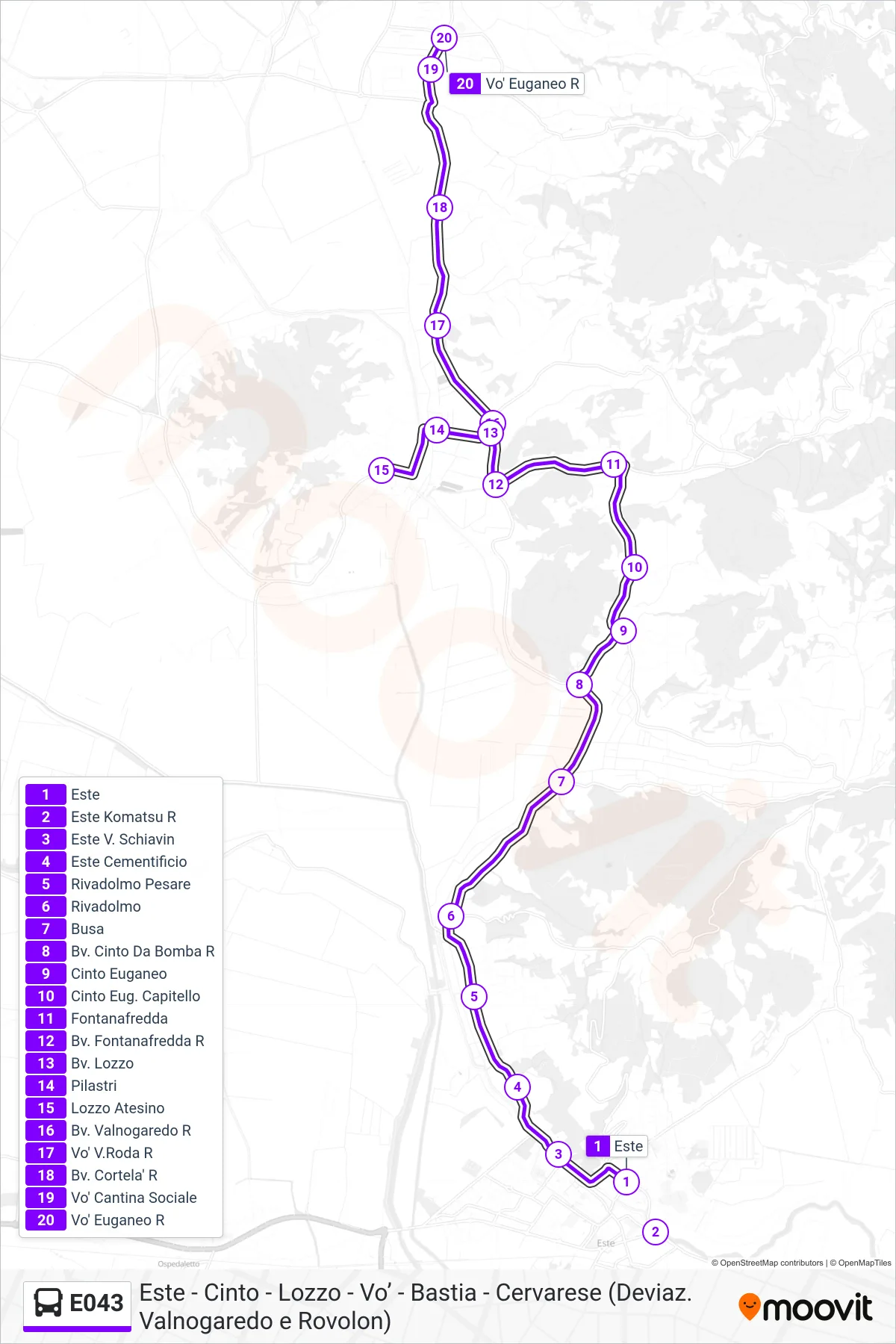 Linea E043 bus (Vo' Euganeo) - Percorsi e fermate sulla mappa