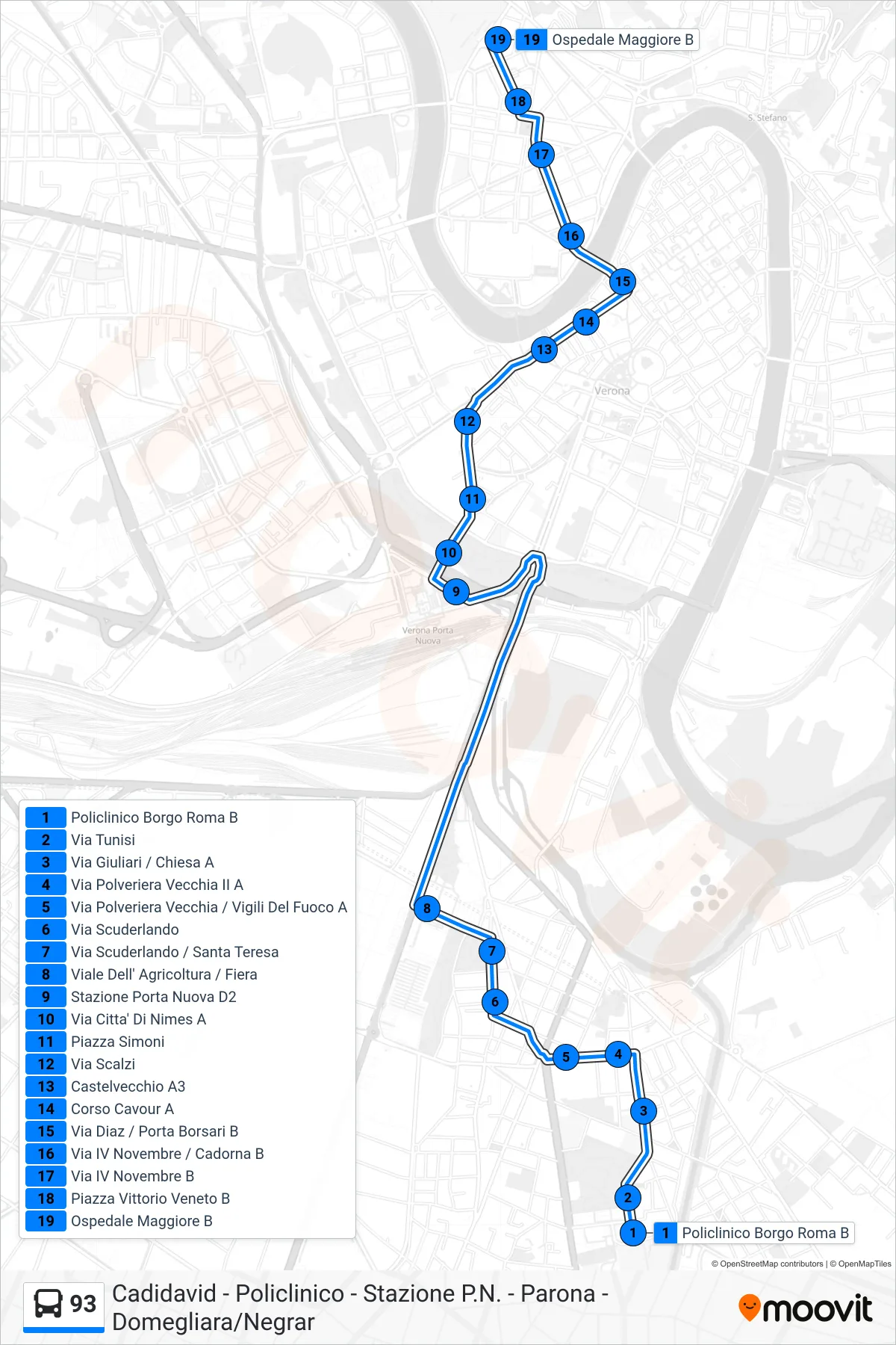 Linea 93  bus (P.Le Stefani - Ospedale Civile) - Percorsi e fermate sulla mappa