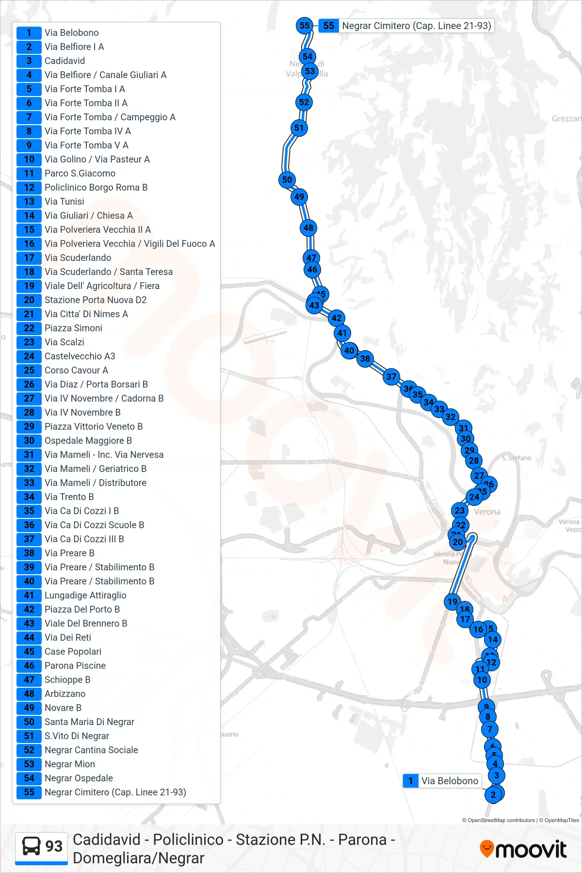 Linea 93 bus (Negrar) - Percorsi e fermate sulla mappa