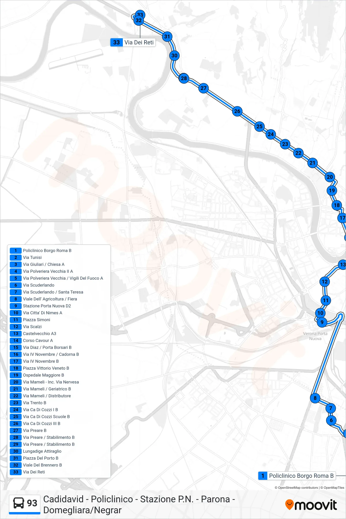 Linea 93 bus (Parona) - Percorsi e fermate sulla mappa