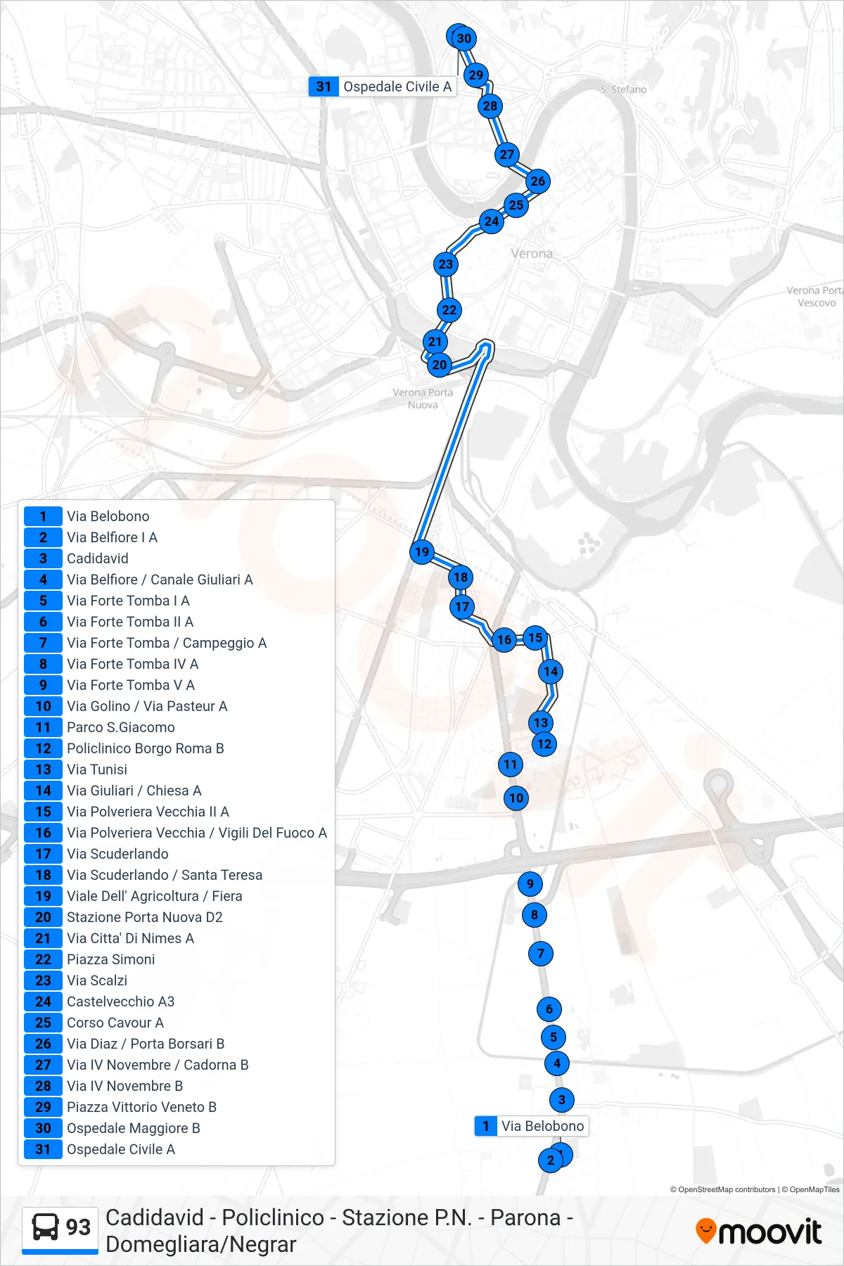 Linea 93 bus (P.Le Stefani - Ospedale Civile) - Percorsi e fermate sulla mappa