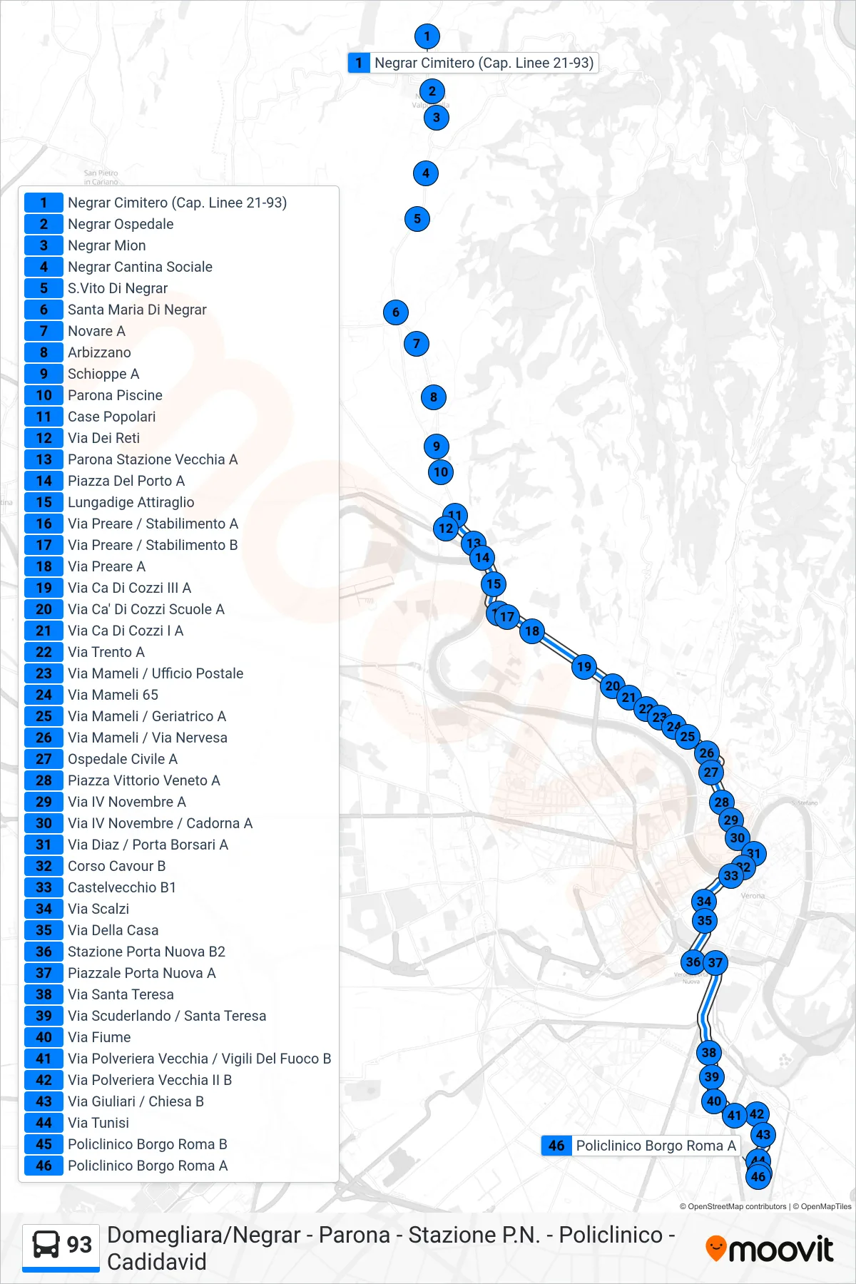 Linea 93  bus (Policlinico) - Percorsi e fermate sulla mappa
