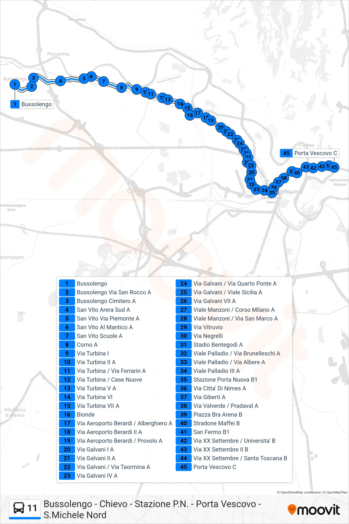 Linea 11  bus (Porta Vescovo) - Percorsi e fermate sulla mappa