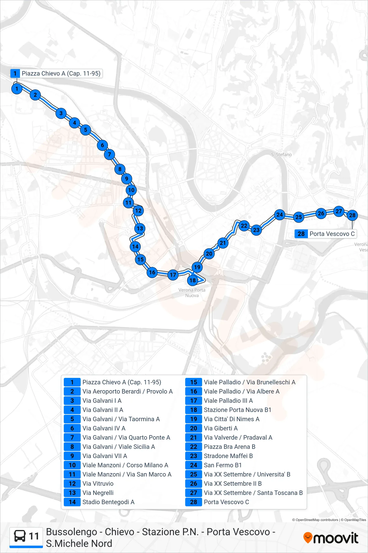 Linea 11 bus (Porta Vescovo) - Percorsi e fermate sulla mappa