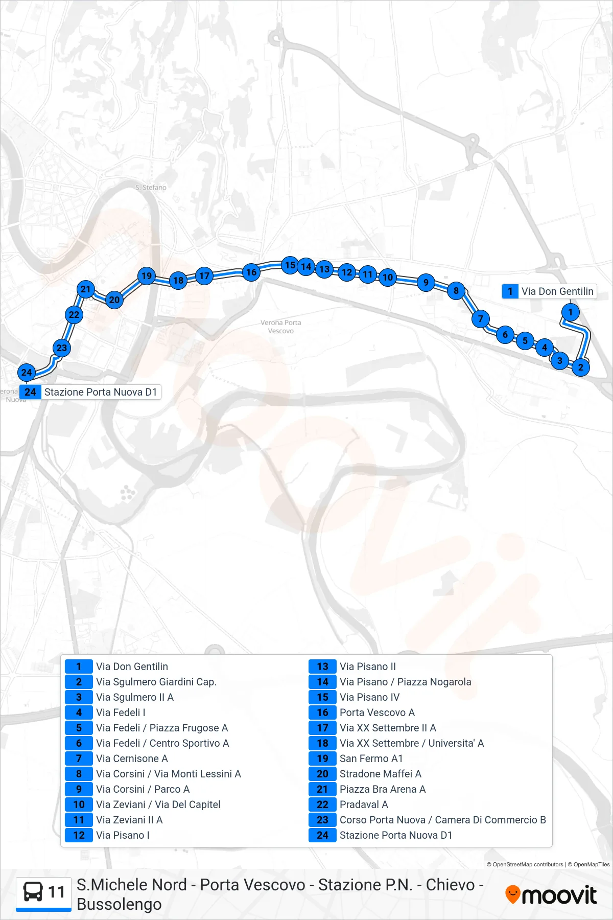 Linea 11 bus (Porta Nuova FS) - Percorsi e fermate sulla mappa