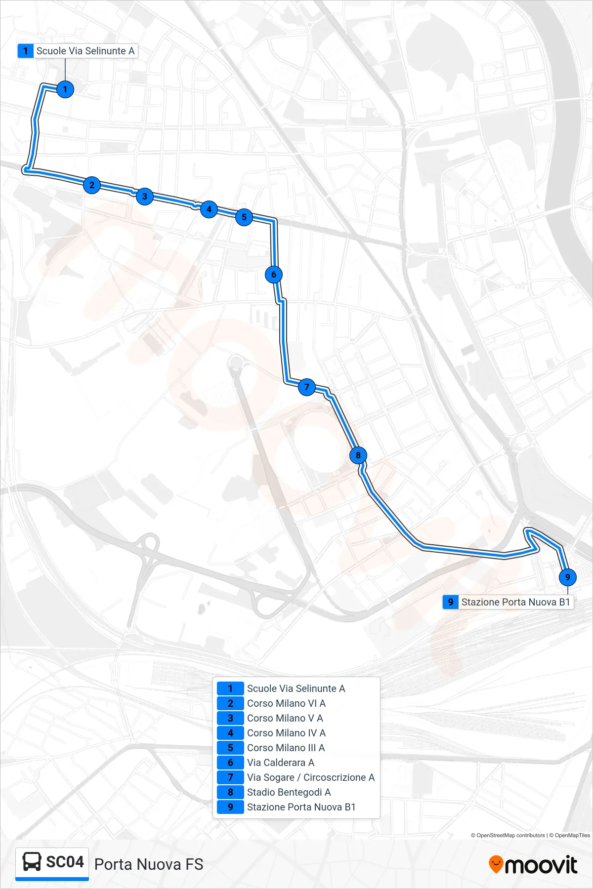 Linea SC04  bus (Porta Nuova FS) - Percorsi e fermate sulla mappa