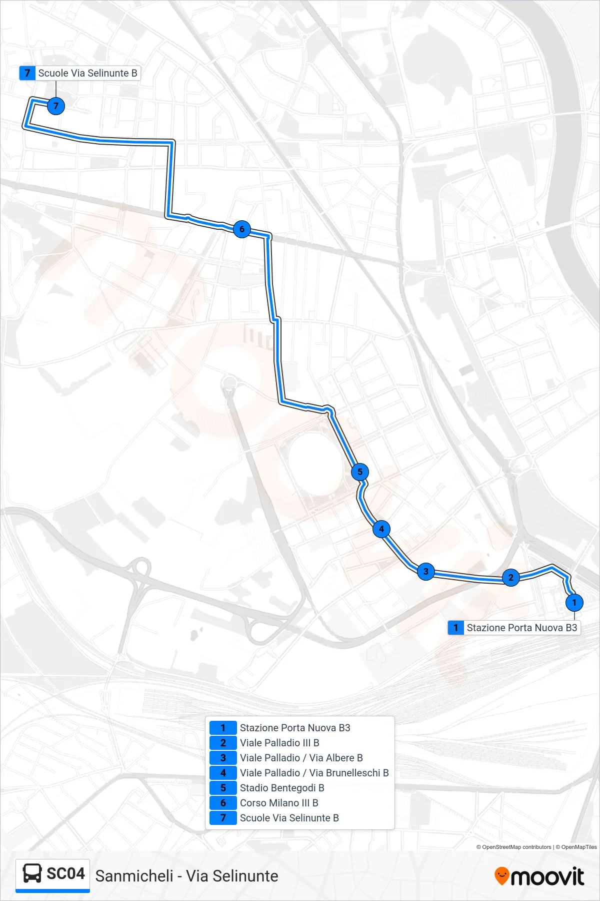 Linea SC04 bus (Sanmicheli - Via Selinunte) - Percorsi e fermate sulla mappa
