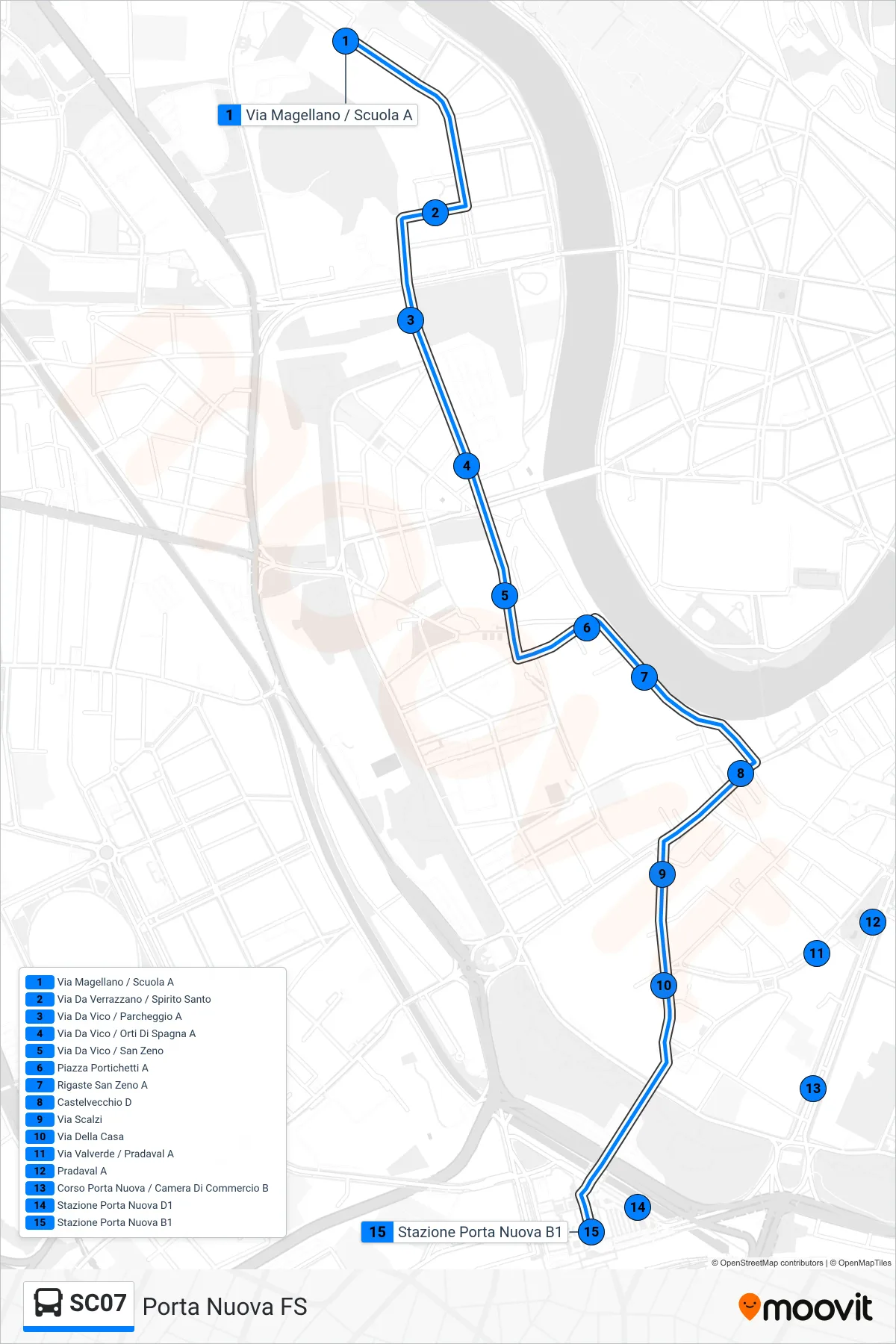 Linea SC07  bus (Porta Nuova FS) - Percorsi e fermate sulla mappa