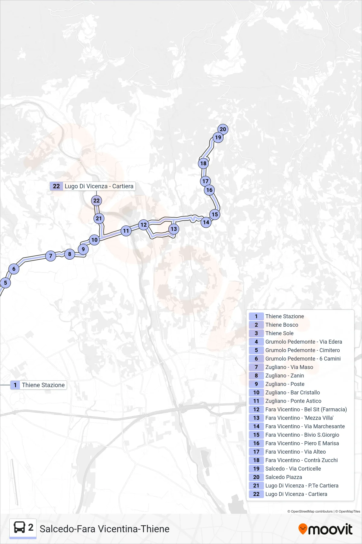Linea 2 bus (Thiene > Lugo Di Vicenza) - Percorsi e fermate sulla mappa