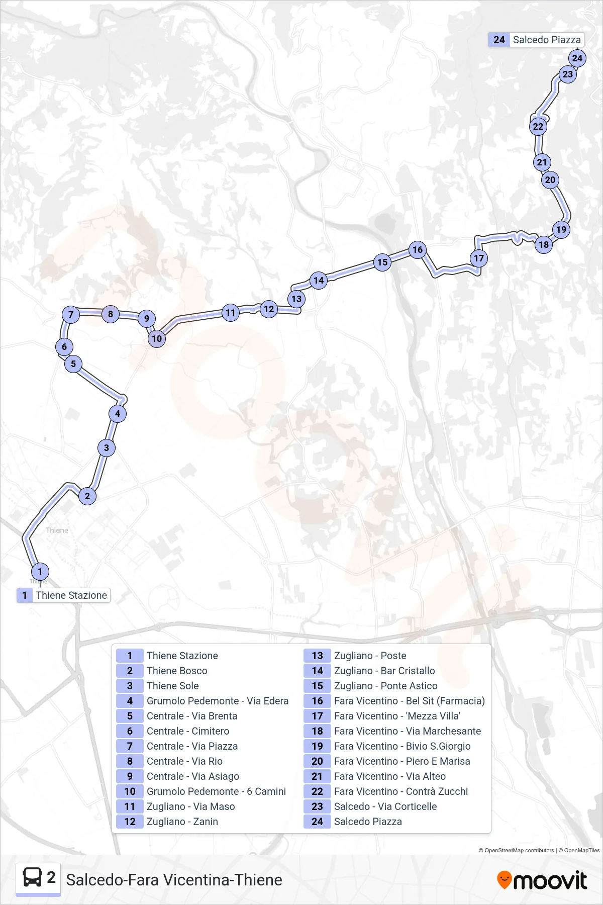 Linea 2 bus (Thiene > Centrale > Salcedo Piazza) - Percorsi e fermate sulla mappa