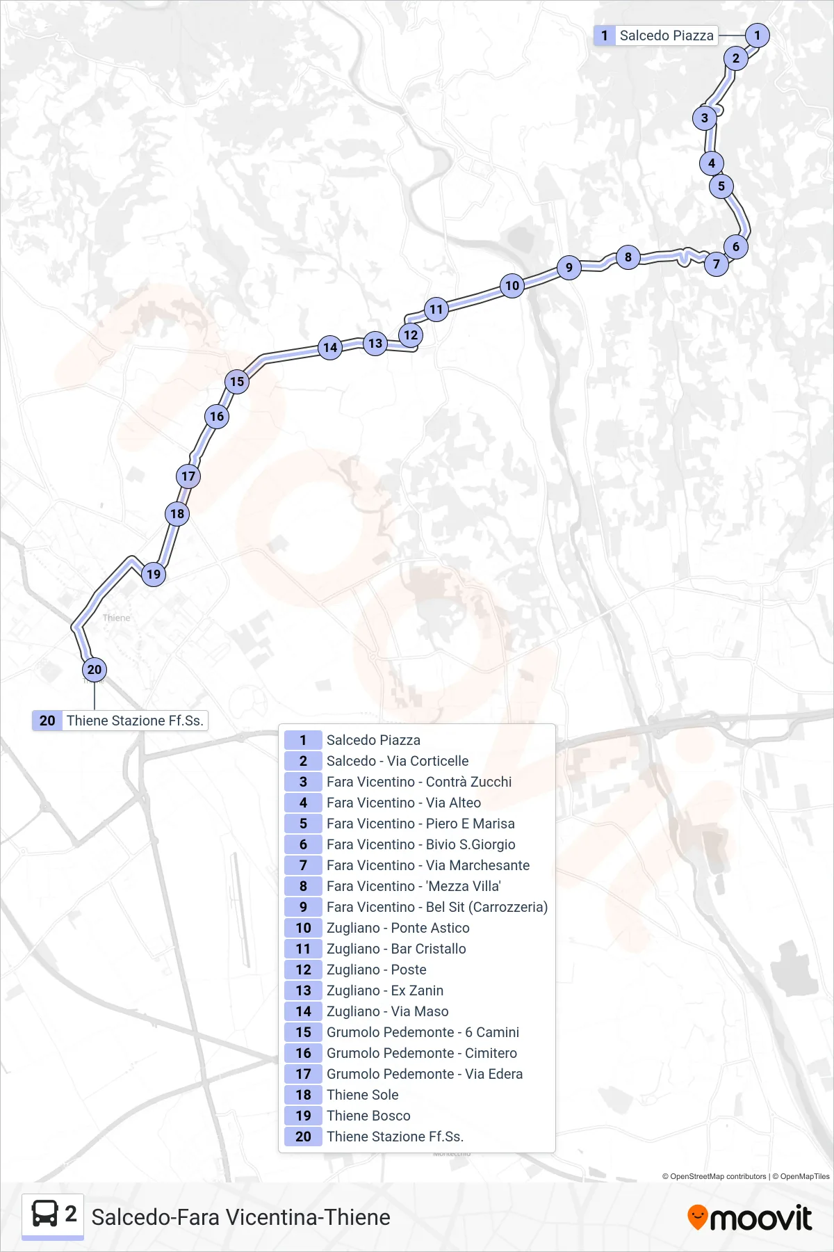 Linea 2 bus (Salcedo Piazza > Zugliano > Thiene) - Percorsi e fermate sulla mappa
