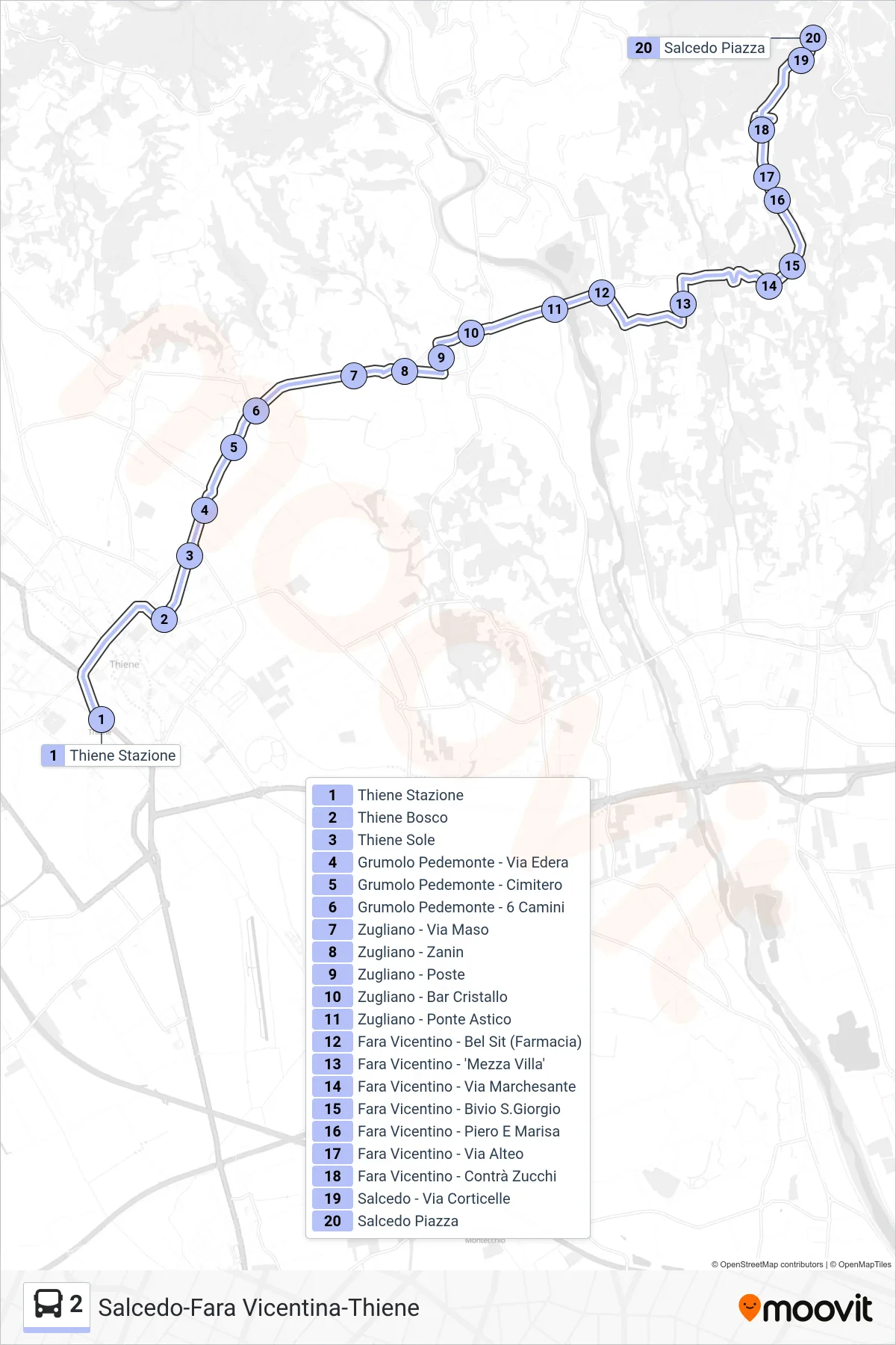 Linea 2 bus (Thiene > Zugliano > Salcedo Piazza) - Percorsi e fermate sulla mappa