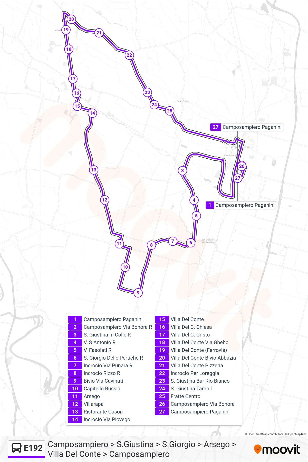 Linea E192  bus (Camposampiero > S.Giustina > S.Giorgio > Arsego > Villa Del Conte > Camposampiero) - Percorsi e fermate sulla mappa